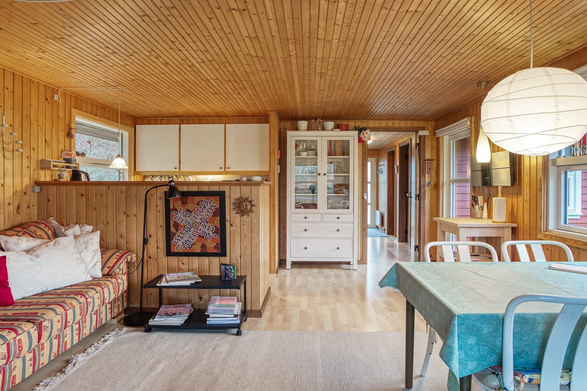 Kitchen(cooker(electric), coffee machine, microwave, fridge(+ freezer), washing machine), Living/bed room(TV(german television channels, danish TV channels (DR1 and TV2)), stereo unit, chromecast), bedroom(double bed), bedroom(single bed), bedroom(single bed, bunk bed), bathroom(washbasin, shower, toilet), heating(electric), terrace, garden furniture, sun loungers, air to air heatpump