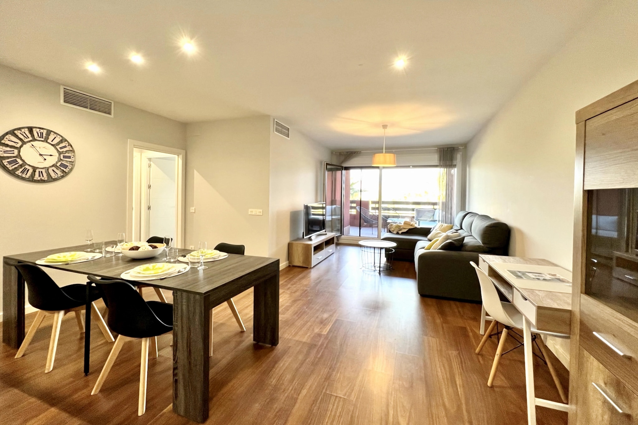 On the 2nd floor: (Entrance, Living room(TV(flatscreen), seating area, balcony or terrace), open kitchen(electric kettle, toaster, cooker, hood, coffee machine, oven, microwave, fridge-freezer, washing machine), bedroom(single bed, single bed, balcony or terrace), Bedroom with bathroom(double bed, shower, washbasin, toilet), bathroom(shower, washbasin, toilet))\n\ngarden doors, garden(shared with other guests, illuminated), swimming pool(shared with other guests, including separate children’s swimming pool (depth 50cm), opened from 1/2 Jun upto and including 1/2 Sep), play equipment(shared with other guests), padel court