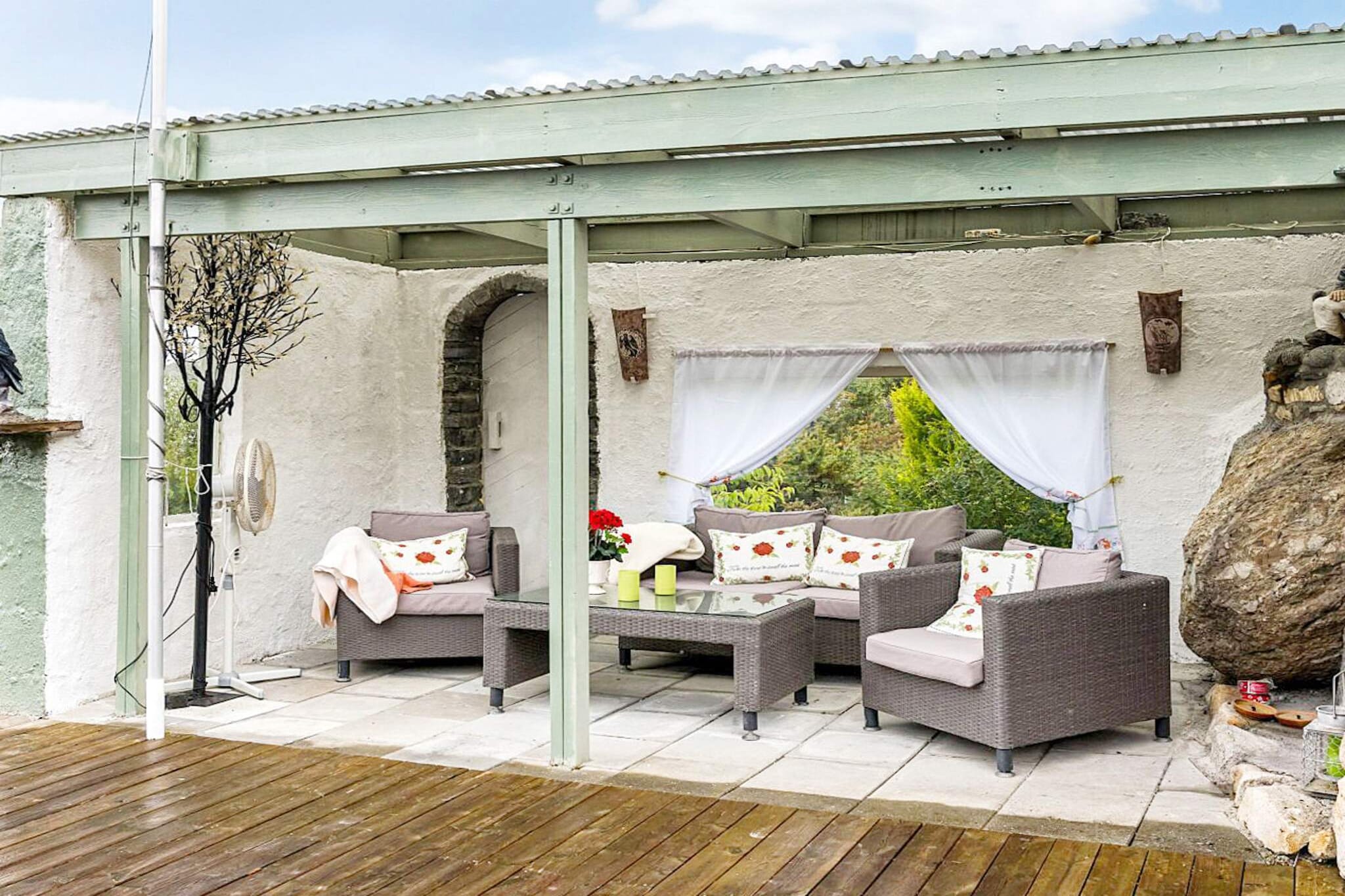 Internet Access DSL, open kitchen(cooker(electric), hood, coffee machine(filter), waffle iron, microwave, dishwasher, fridge, freezer(> 250L), washing machine, high chair), Living/bed room(48 m2)(TV(norvegian TV channels ), radio), bedroom(2x single bed, cot), bedroom(2x single bed), bedroom(single bed), bedroom(double bed), bedroom(2x single bed), bathroom(floor heating)(bathtub or shower, washbasin, toilet), bathroom(floor heating)(washbasin, shower, toilet), terrace(60 m2), terrace(roofed, 30 m2), garden furniture, BBQ, parking, fish cleaning table, geothermal energy, air to air heatpump