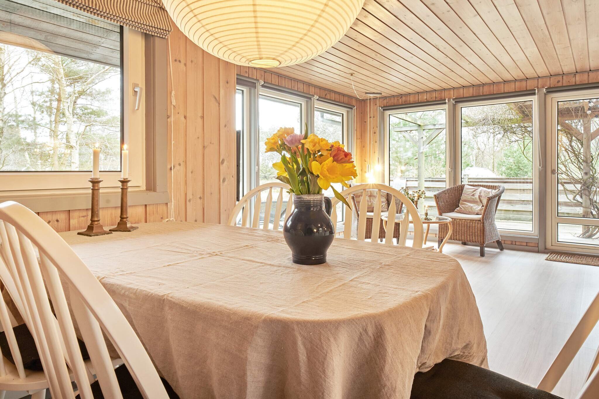 Kitchen(cooker(electric), coffee machine, microwave, dishwasher, fridge-freezer), Living/bed room(TV, CD player, stereo unit, chromecast), bedroom(double bed), bedroom(double bed), bathroom(washbasin, shower, toilet, washing machine), heating(electric), terrace, garden furniture, sun loungers, air to air heatpump