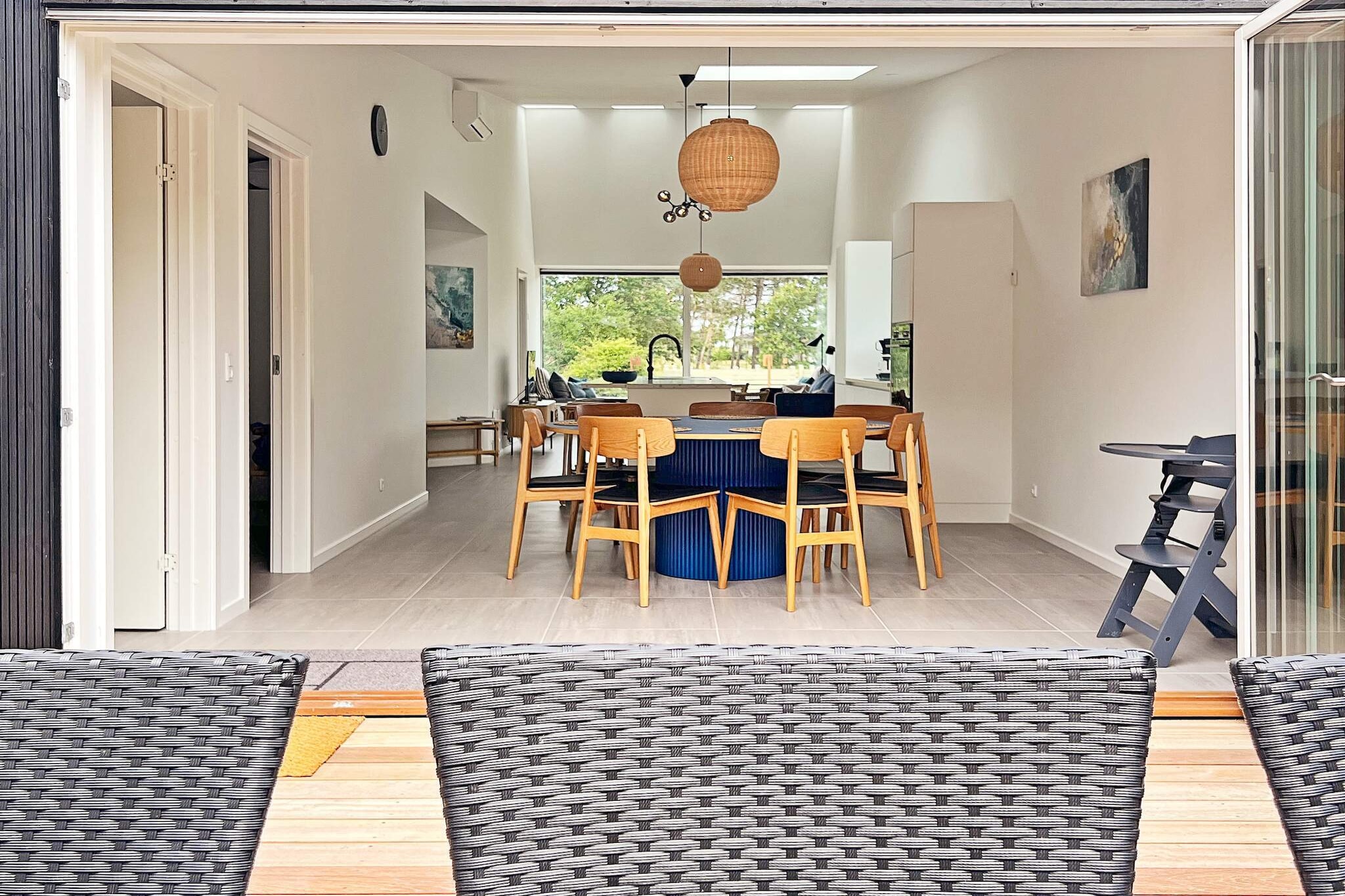 Kitchen(stove(induction), hood, coffee machine, oven, dishwasher, fridge-freezer), Living/bed room(TV, high chair), bedroom(double bed), bedroom(double bed), bedroom(3x bunk bed), bathroom(floor heating)(washbasin, shower, toilet), bathroom(floor heating)(washbasin, shower, toilet), pantry(washing machine), carport, balcony or terrace, heating(electric), garden furniture, air to water heatpump