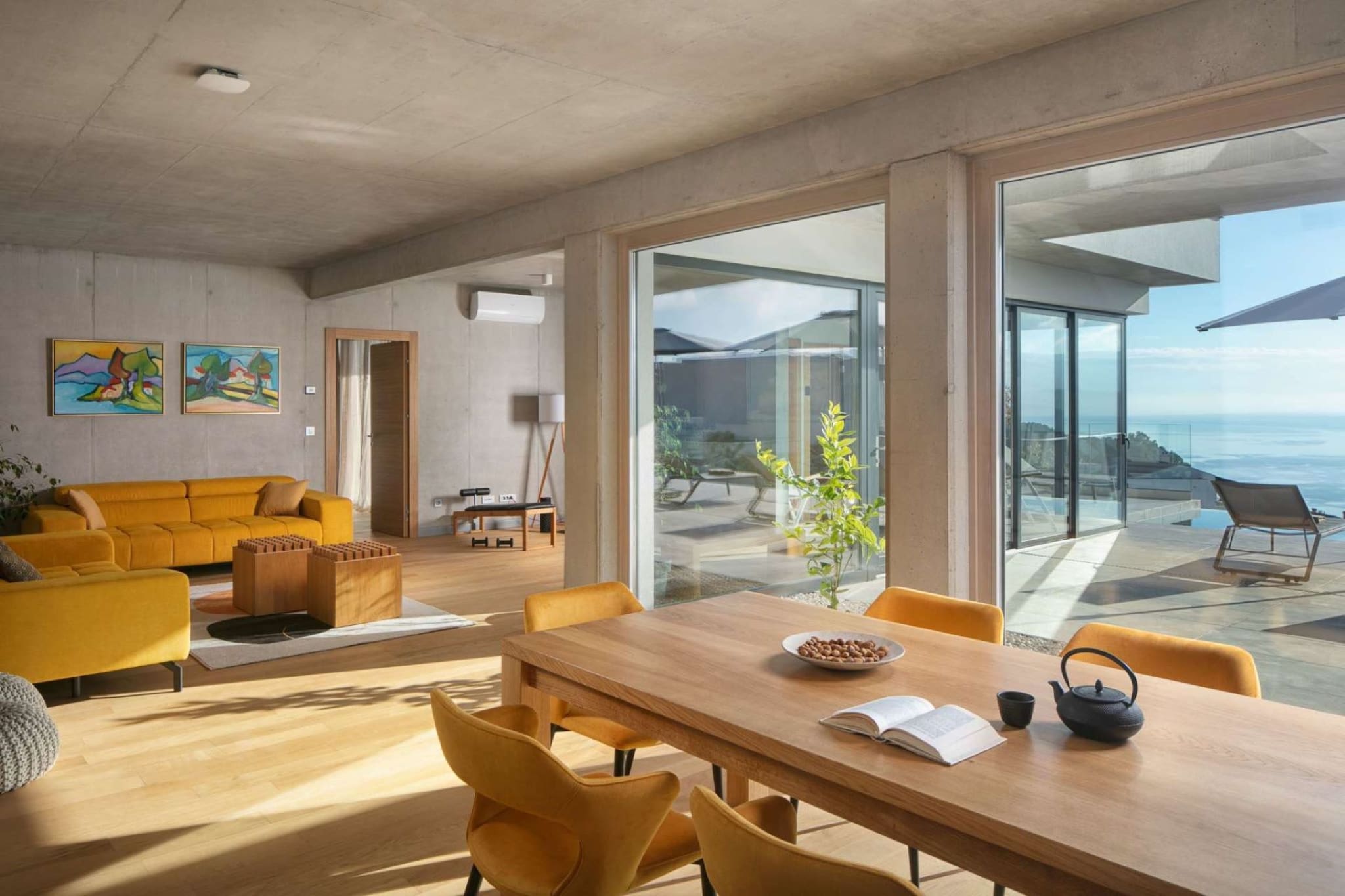 Ground floor: (Living room(TV, streamingservice), dining room(seating area), Kitchen(stove, toaster, coffee machine, oven, combination microwave, freezer), fitness room(hot tub, sauna, fitness equipment), recreation room(TV, seating area, streamingservice), air conditioning)\n\nOn the 2nd floor: (bedroom(double bed), bedroom(double bed), bedroom(double bed), bedroom(double bed), bathroom(shower), bathroom(bath tub), bathroom(shower), bathroom(shower), air conditioning)\n\nfireplace, terrace, garden, BBQ, parking, private outdoor pool