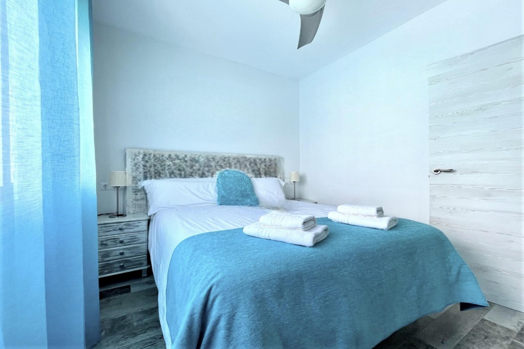 Ground floor: (Entrance(shared with other guests, reachable from the outside)(lift))\n\nOn the 9th floor: (Entrance, open kitchen(hob, electric kettle, toaster, hood, coffee machine, oven(mini), microwave, fridge-freezer, washing machine), Living/diningroom(double sofa bed(120 x 200 cm), TV(flatscreen), dining table, seating area), bedroom(double bed(150 x 190 cm)), bedroom(single bed(90 x 190 cm), single bed(90 x 190 cm)), bathroom(shower, washbasin, toilet), air conditioning, terrace(private), air to air heatpump)\n\nfitness room(shared with other guests)(fitness equipment), bar(with beer tap, eating bar), garden(shared with other guests, illuminated), garden furniture, swimming pool(shared with other guests, outside, including part for children (depth 50cm), opened from Jun upto and including Sep), swimming pool(shared with other guests, outside, including part for children (depth 50cm), opened from Jun upto and including Sep), swimming pool(shared with other guests, outside, opened from Jun upto and including Sep), swimming pool(shared with other guests, outside, opened from Jun upto and including Sep), swimming pool(shared with other guests, outside, heated, opened from Jan upto and including Dec), slide(shared with other guests), slide(shared with other guests), billiards(shared with other guests)