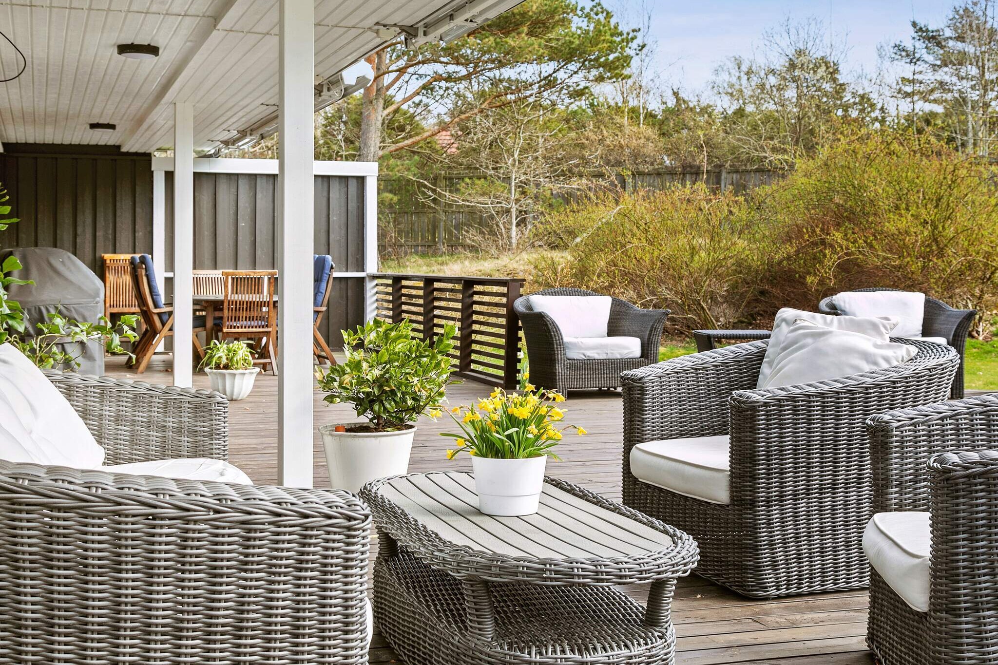 Annex: (double bed)\n\nInternet Access DSL, Kitchen(cooker(4 ring stoves, gas), coffee machine, microwave, dishwasher, fridge-freezer, high chair, water from well), Living/bed room, bedroom(double bed), bedroom(double bed), bedroom(double bed), bedroom(2x single bed), bathroom(washbasin, shower, toilet, bidet), bathroom(washbasin, shower(reachable from the outside), toilet(reachable from the outside)), bathroom(washbasin, toilet), tumble dryer, washing machine, balcony, heating(electric), terrace(roofed), garden furniture, BBQ, parking, air to air heatpump