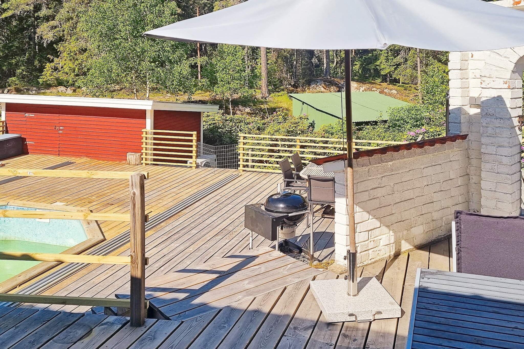 Welcome to beautiful TorÃ¶, an island with bridge connection in Stockholm's southern archipelago, to a lovely house with both a sauna and a pool. Large balconies made for cozy summer days, the whole family will enjoy themselves here. There are two houses on the plot, a larger one and an associated smaller annex, which is perfect for two families who want to holiday together and live in their own houses. The large house has spacious areas where everyone can socialize, there is also a laundry room with a washing machine and dryer. Note that the water comes from a well and may be cloudy, but it is drinkable. One bedroom has a double bed and a cot and the other bedroom has two single beds. Bathroom with wc and shower. The smaller house has a double bed and a bunk bed which is suitable for smaller children or teenagers, as it is narrower and shorter than regular beds. There is also a sofa bed here. There is both a kitchen and WC but no shower. There is a shower in the main house or in the sauna house, and also an outdoor shower by the pool. Remember to save water, Stockholm's archipelago is sensitive in summer and has water shortages from time to time. The pool is 130 cm deep and has a roof that is easily pulled over to avoid leaves and other natural debris. On the large pool deck, there are sun loungers and dining tables in two places, so there is plenty of space both outside and inside. It is private by the pool, you have the forest that starts at the plot, nice for a forest walk. TorÃ¶ has one of Sweden's best surfing beaches at the Ã–ren nature reserve, here you can also find unique plants, mushrooms and a long cobblestone beach. On TorÃ¶ there is the possibility of nice hikes. On the island there is a country store, cafes and a sourdough bakery. If you want a bigger place, it is close to NynÃ¤shamn, a nice summer town but restaurants down by the harbor. Welcome to a wonderful place to create great holiday memories!