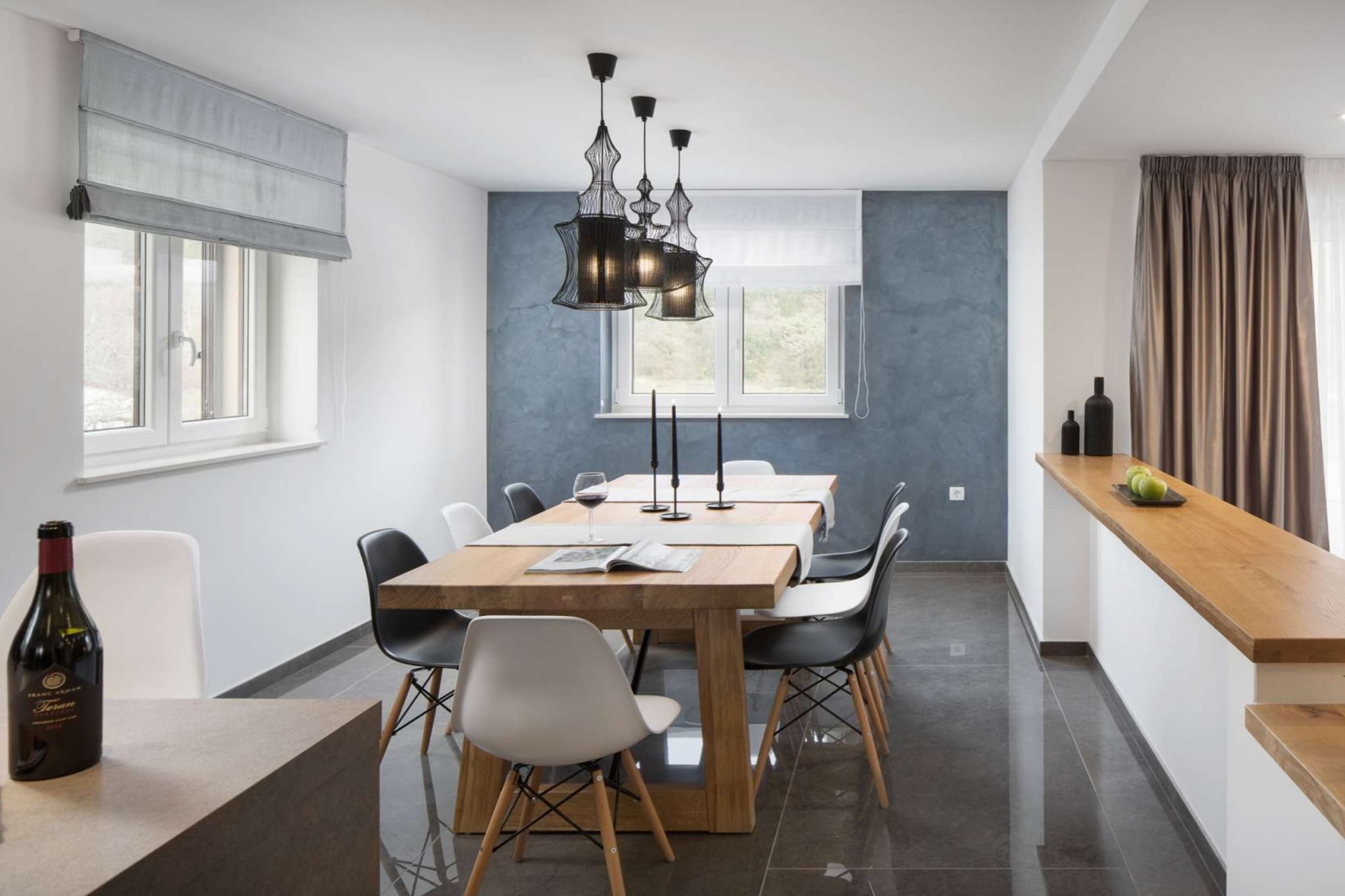 Ground floor: (Living room(TV, fireplace), dining room(dining table), open kitchen(toaster, coffee machine, oven, dishwasher, freezer), fitness room(sauna, fitness equipment), air conditioning)\n\nOn the 1st floor: (bedroom(double bed, TV), bedroom(double bed, balcony or terrace), bedroom(double bed, TV, balcony or terrace), bedroom(double bed, TV), bathroom(shower, toilet), bathroom(shower, toilet), bathroom(shower, toilet), bathroom(toilet))\n\noutdoor kitchen, conservatory/veranda(dining table), shower, garden, parking, private outdoor pool