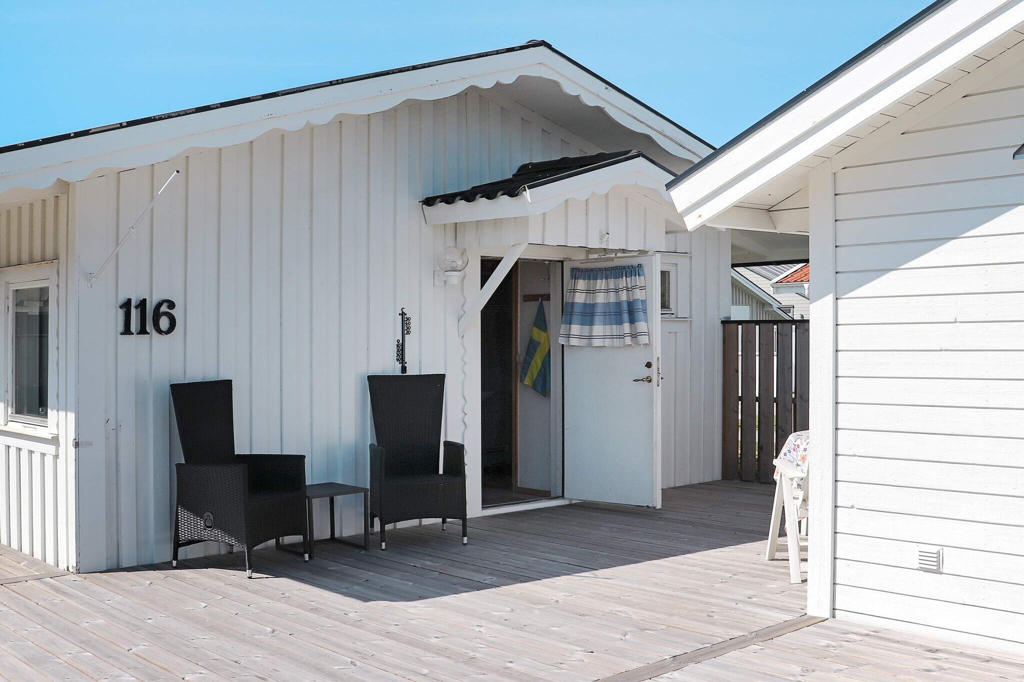 A pleasant and well-maintained holiday home in the northern part of TrÃ¤slÃ¶vslÃ¤ge. The cottage's generous terrace offers several pleasant patios with outdoor furniture. Only a short walk takes you to &quot;LÃ¤jet's&quot; picturesque harbor and fine beach. TrÃ¤slÃ¶vslage has everything you need for a lovely holiday week. A short drive or bike ride takes you to Varberg's beautiful summer town. From the generous terrace you have a guest cottage on the right with two single beds and a sofa bed. No heating in here. In the main cabin there is a bedroom with a wider single bed and next to it a bathroom with shower. The living room and kitchen are open and have a dining area, a sofa bed for two people and a modern TV you can use if you have internet on your phone and a chromecast. The spacious terrace has a covered dining area and comfortable lounge furniture with a parasol. Between the entrance and the guest cabin is a small patio. The cottage is accessible with low thresholds, a ramp up to the terrace and entrance. The bathroom has a narrower door. In TrÃ¤slÃ¶vslÃ¤ge with its idyllic harbor there is a restaurant, pizzeria, street kitchen, mini-golf and the very popular ice cream bar Tre Toppar where people like to queue up to buy the good ice cream. There is also nice beaches here. Varberg is a real summer town with a throng of people, taverns, cafes and dance halls, everything that belongs to a summer town. The massive Varberg Fortress guards the entrance to the harbor and can be seen from afar. Go on a tour down into the bastions and casemates, follow along from the 13th century to our own time. If you go south, you will immediately reach the nice summer town of Falkenberg with its fine selection of cafes, shops and restaurants. Here is also the fantastic long sandy beach at Skrea. Another nice excursion destination is the Ã…kulla beech forests and for those of you who are technically interested, it is not far to the world heritage site Grimeton. For those interested in golf, there are several fine golf courses nearby, the closest is Varbergs Gk, the western course.