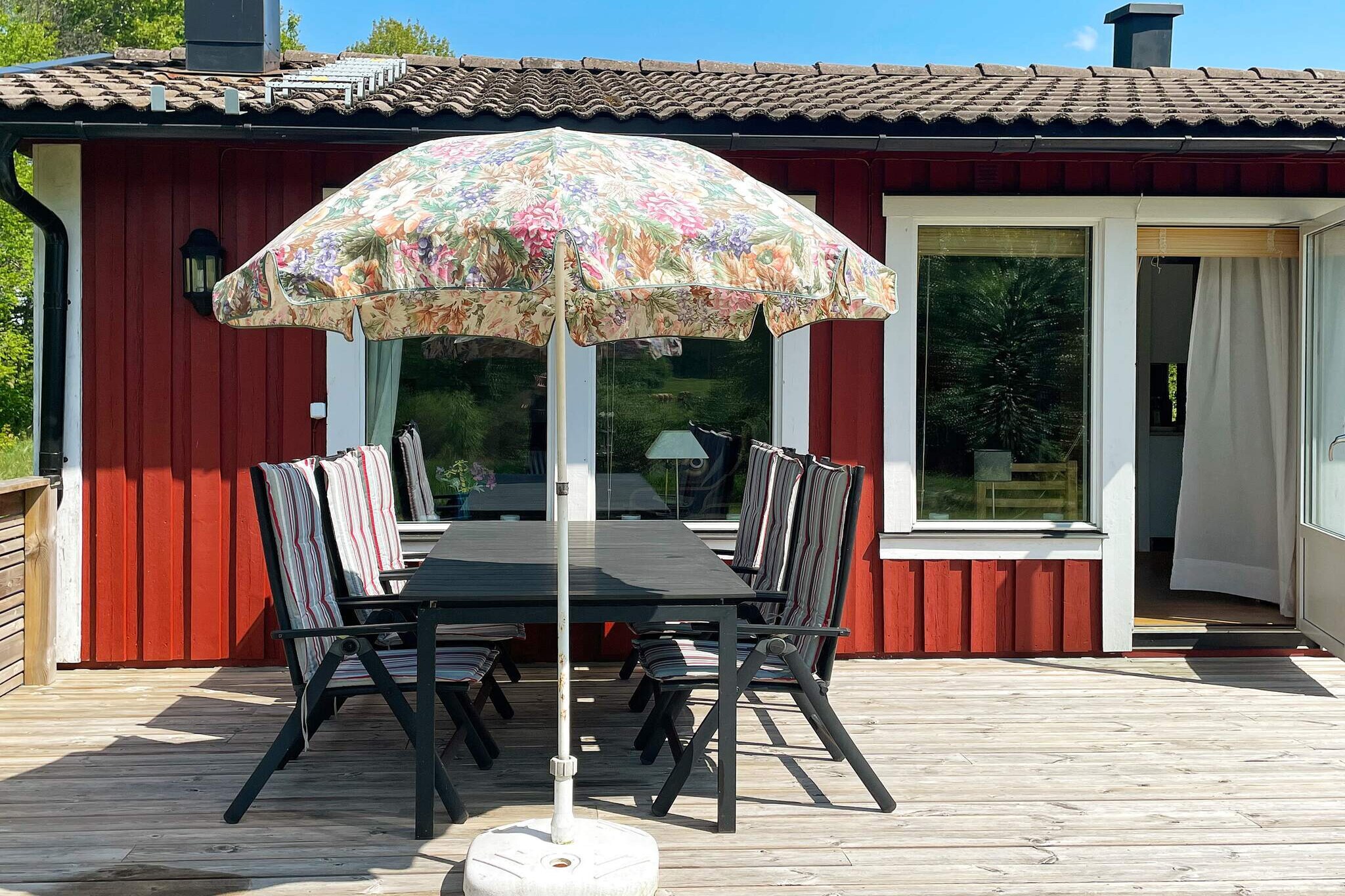 Kitchen(cooker(electric), coffee machine, microwave, dishwasher, fridge-freezer, water from well), Living/bed room(TV(swedish TV channels), chromecast), bedroom(2x bunk bed), bedroom(2x bunk bed), bedroom(double bed), bathroom(washbasin, shower, toilet, washing machine), heating(electric), parking