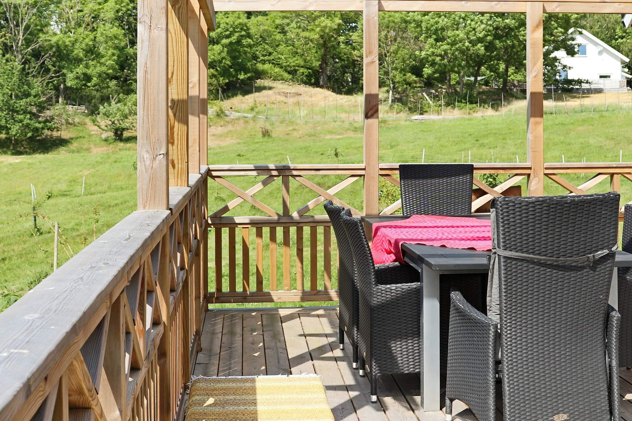 Living room(2x single bed), Kitchen(cooker(electric), hood, coffee machine, fridge-freezer, water from well), Living/bed room(double folding bed), bathroom(washbasin, shower, toilet), heating(electric), terrace, garden furniture, parking, air to air heatpump