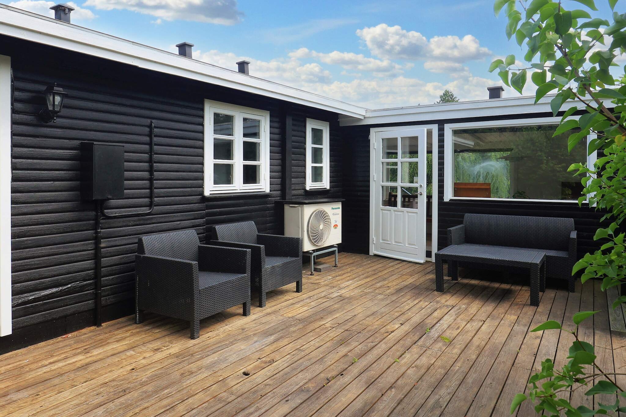 Annex: (4x bunk bed, fridge, washbasin, shower, toilet)\n\nKitchen(cooker(electric), coffee machine, microwave, dishwasher, freezer(60-99L), fridge-freezer), Living/bed room(TV), bedroom(double bed), bedroom(double bed), bathroom(tumble dryer, washbasin, shower, toilet, washing machine), bathroom(washbasin, shower, toilet), heating(electric), garden furniture, sun loungers, air to air heatpump