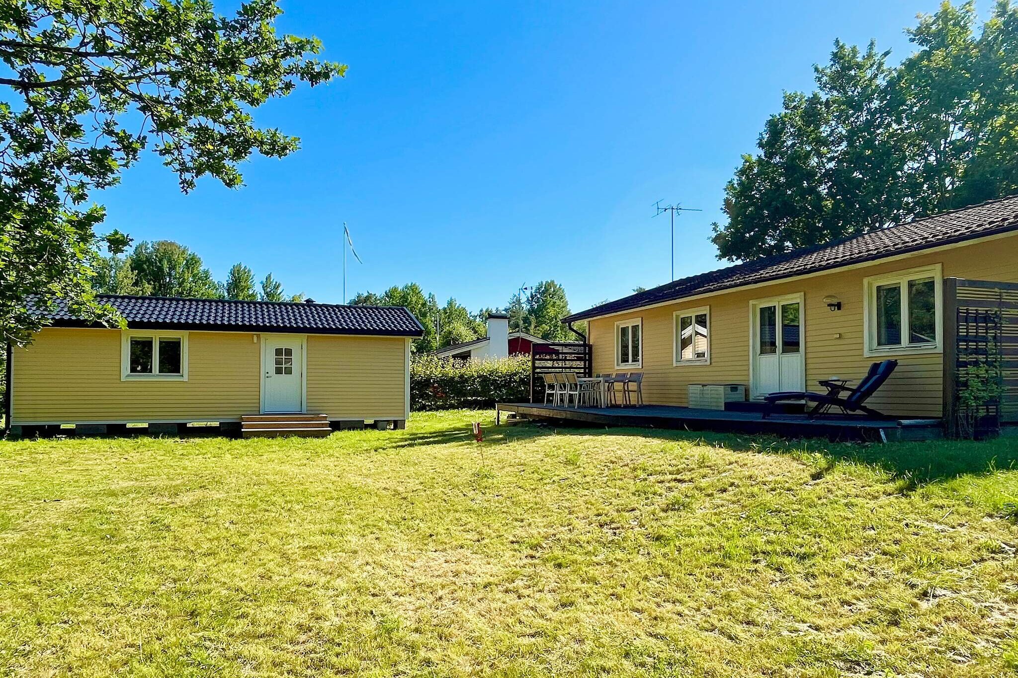 Nice house near the sea with an associated newly built guest cottage in scenic FÃ¥gelsudd where you follow the path directly from the house down to the sea to enjoy a refreshing dip or a walk. You live in a nice cottage area where there are two swimming beaches with jetty and swimming raft as well as an outdoor gym, 3 km exercise track, tennis court and boules court. In the garden there is a terrace with a dining area and sun loungers where you can see the sea glistening between the trees. The large house has an open living room with kitchen and partially new fresh kitchen equipment, dining area and living area. There are two bedrooms, one with a double bed, the other with a bunk bed. In the newly built beautiful guest house there are two rooms. An open with a pull-out day bed that can be made into a double bed and a smaller bedroom with a 120 cm bed. Both houses are equipped with a toilet, sink and shower. You have a smaller sandy beach directly below the house, then there is also a larger swimming beach in the area. Please note that pets are not allowed due to severe allergy/asthma. In case of violation, allergy remediation will be charged. Not for rent to youth groups or for parties. Charging of electric cars is not permitted. There is also a practical recycling bin. Here you have 30 km to Kalmar where you can enjoy the wide range of restaurants, shopping, events and culture. Don't miss visiting beautiful Kalmar castle. Feel free to take a day trip to the island of sun and winds, Ã–land. Ã–land's zoo or SkÃ¤lby GÃ¥rd are usually popular with children. In picturesque Pataholm you can enjoy the atmosphere and a coffee at cafÃ© FÃ¶rlig vind. In Timmernabben you have a caramel factory. Here you can also find Nabbens RÃ¶keri &amp; Fisk, where you can enjoy good fish and seafood in the restaurant or buy with you from the shop.