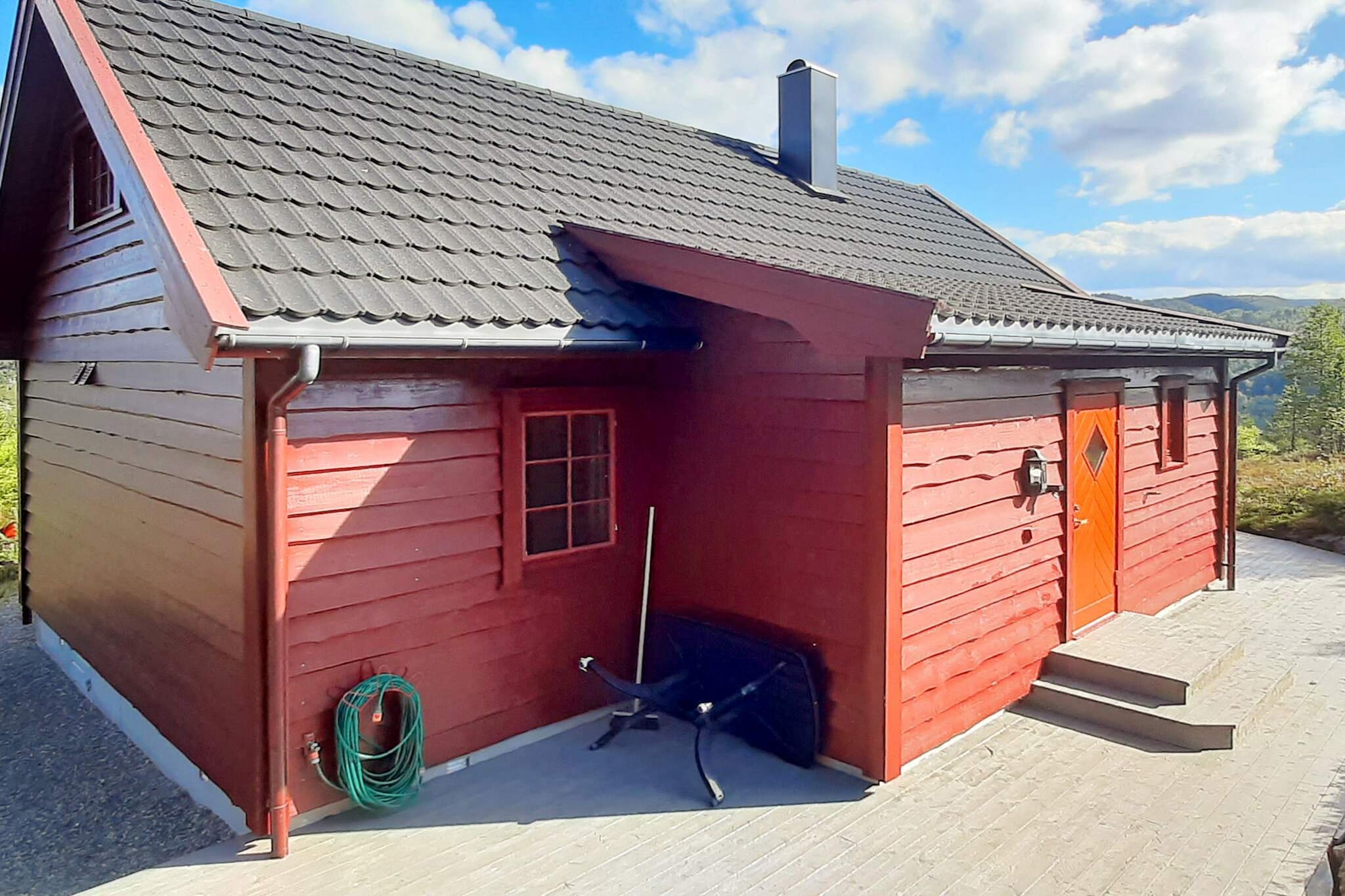 Internet Access DSL, Living room(single bed), open kitchen(cooker(electric), hood, coffee machine(filter), waffle iron, dishwasher, fridge, washing machine, high chair), Living/bed room(20 m2)(DVD player, radio), bedroom(double bed, cot), bedroom(double bed), bedroom(3x bunk bed), bathroom(floor heating)(washbasin, shower, toilet), sauna(indoor, 4 persons), heating(electric), terrace(30 m2), garden furniture, BBQ, parking