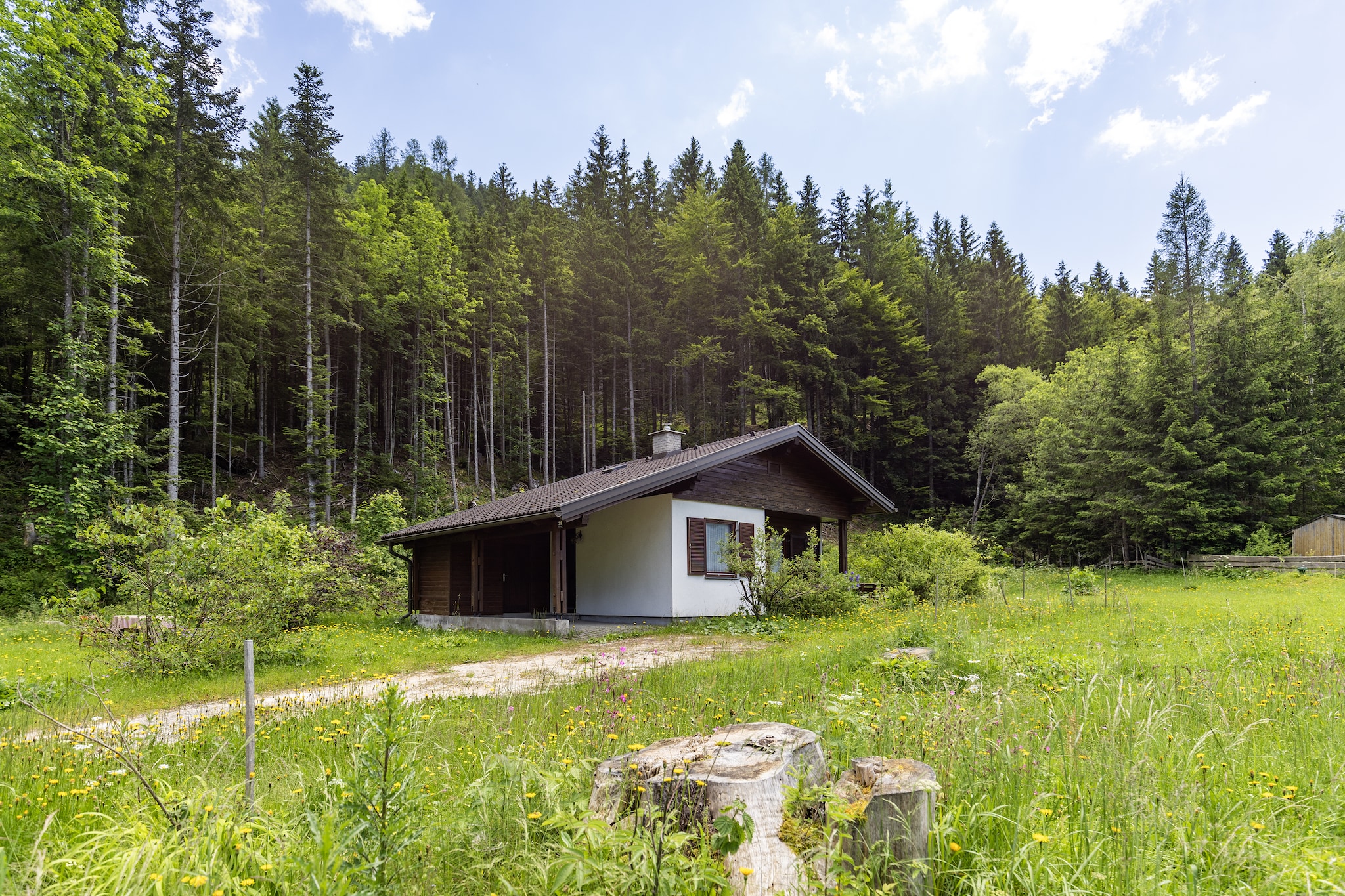 Ground floor: (open kitchen(hob, coffee machine, fridge), Living/bed room(double sofa bed, TV), bedroom(double bed), bathroom(shower, washbasin, toilet), terrace)\n\ngarden, garden furniture, parking