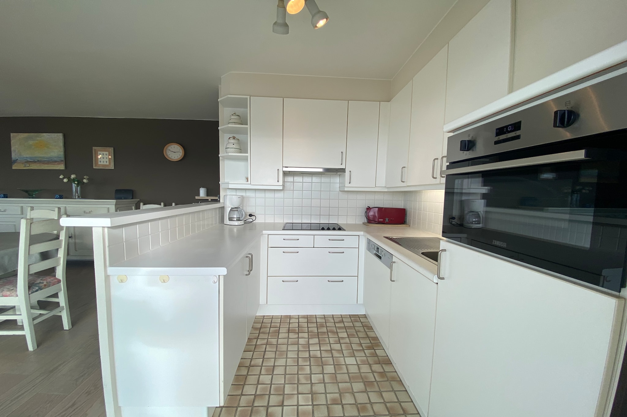 On the 8th floor: (Kitchen(hob(electric), coffee machine, microwave, dishwasher, fridge-freezer), Living/diningroom(double sofa bed, TV, dining table, seating area), bedroom(double bed(twin duvet, 160 x 200 cm)), bedroom(double bed(twin duvet, 160 x 200 cm)), bathroom(shower, washbasin, toilet), toilet(toilet), storage)\n\nterrace, bicycle storage, lift