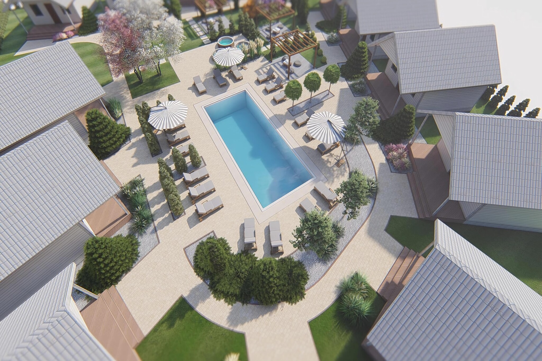 Family holiday resort with full infrastructure ensuring a successful holiday. The facility is located in a quiet area, 10 minutes walk to the sea. The resort center is within a few steps. The resort has a new attraction - a swimming pool with heated water and a retractable roof and a whirlpool bath.
Comfortable, ground-floor holiday homes consist of a living room (fold-out sofa, table and TV), 2 separate bedrooms and a bathroom with a shower. The living room is connected to the kitchen. There is air conditioning with a cooling and heating function. The cottage has a covered terrace with a set of garden furniture and barbecue equipment. Wireless Internet is available.
The biggest attraction of the resort is the swimming pool with heated water and a retractable roof. The pool is surrounded by sun loungers. There is a separate paddling pool for children. The pool is open from the beginning of June to mid-September. There is a whirlpool bath by the pool (open all season). There is also a playground, parking, barbecue shelters, a sports field and a gym on the premises.
The price of your stay includes: bed linen, towels, water consumption, electricity consumption, air conditioning, swimming pool, whirlpool, internet, final cleaning, parking, cot and high chair (reservation required).

JarosÅ‚awiec is a quiet summer resort located on the central coast, close to DarÅ‚owo and Ustka. Wonderful climate and landscapes, pine forests, clean water in the sea, seaside cliff - these are the advantages of JarosÅ‚awiec, which make this town attract crowds of tourists every year. There are also many interesting attractions for holidaymakers who will diversify their seaside holiday. JarosÅ‚awiec also offers a rich gastronomic base.

One of the biggest attractions of JarosÅ‚awiec is the local Tropicana water park (approx. 1.5 km from the resort), offering indoor and outdoor swimming pools, jacuzzi, saunas, as well as full Wellness and SPA facilities.