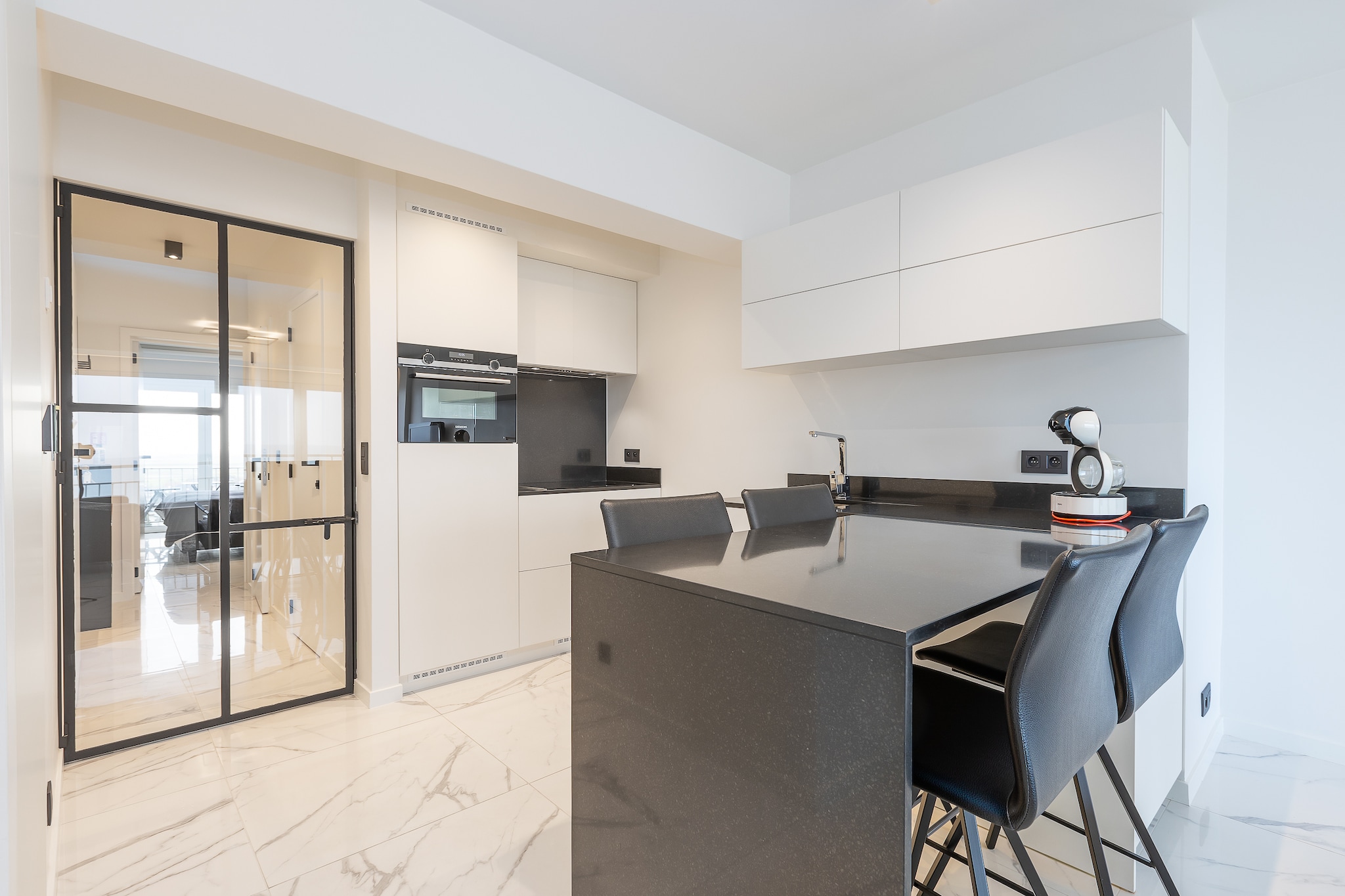 On the 8th floor: (open kitchen(electric kettle, toaster, coffee machine, oven, microwave, dishwasher, fridge-freezer, dishes and cutlery, Cooking basics), Living/diningroom(double sofa bed(twin duvet, 140 x 200 cm), TV(digital), dining table), bedroom(double bed(twin duvet, 180 x 200 cm)), bathroom(shower, washbasin, toilet), toilet(toilet))\n\nInternet access, terrace, bicycle storage, lift, hairdryer