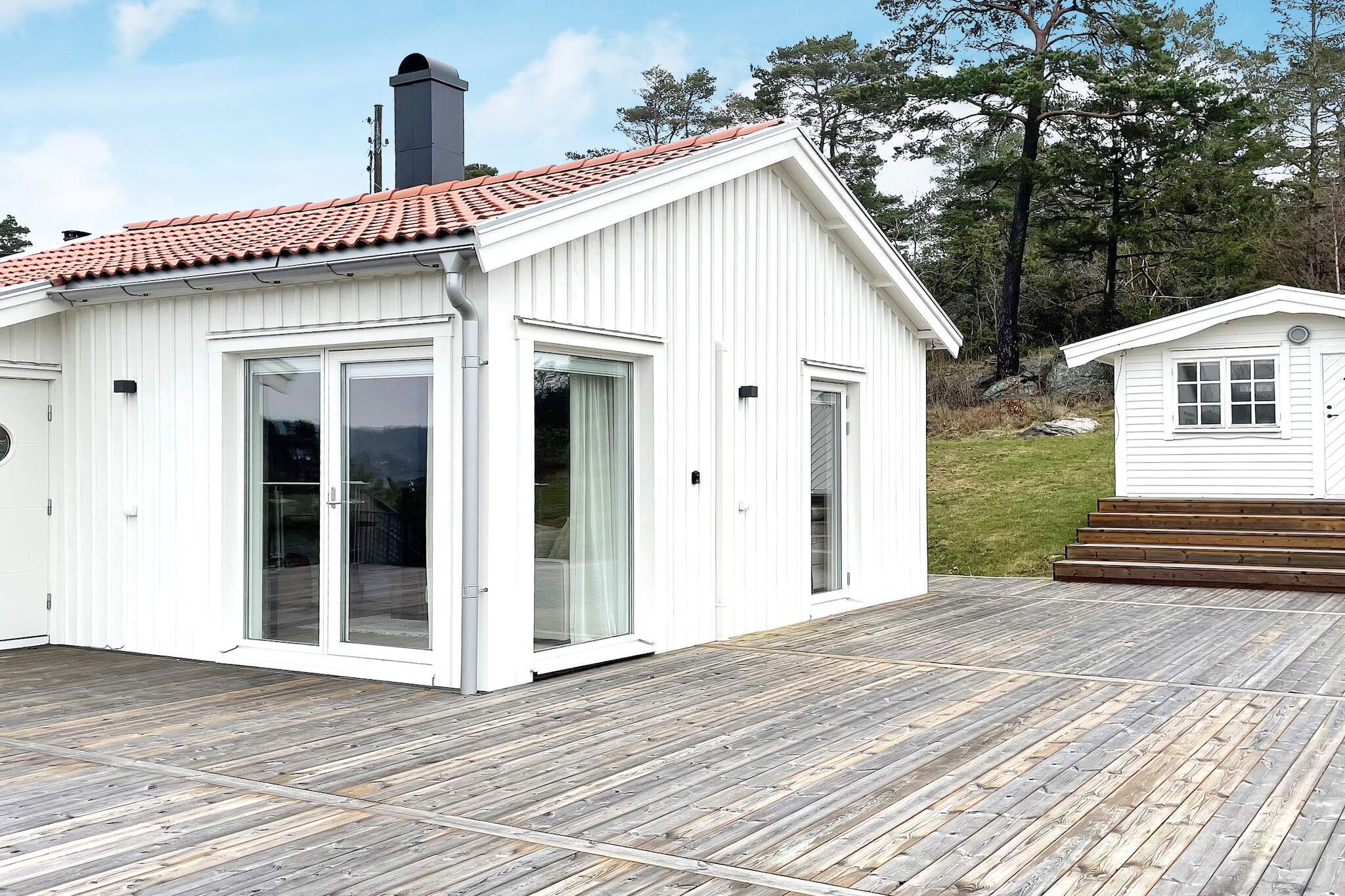 Annex: (2x single bed, TV)\n\nKitchen(stove(induction), coffee machine, oven, microwave, dishwasher, fridge-freezer), Living/bed room(TV, netflix), bedroom(double bed), bathroom(washbasin, shower, toilet), balcony, garden, garden furniture, sun loungers, parking, air to air heatpump