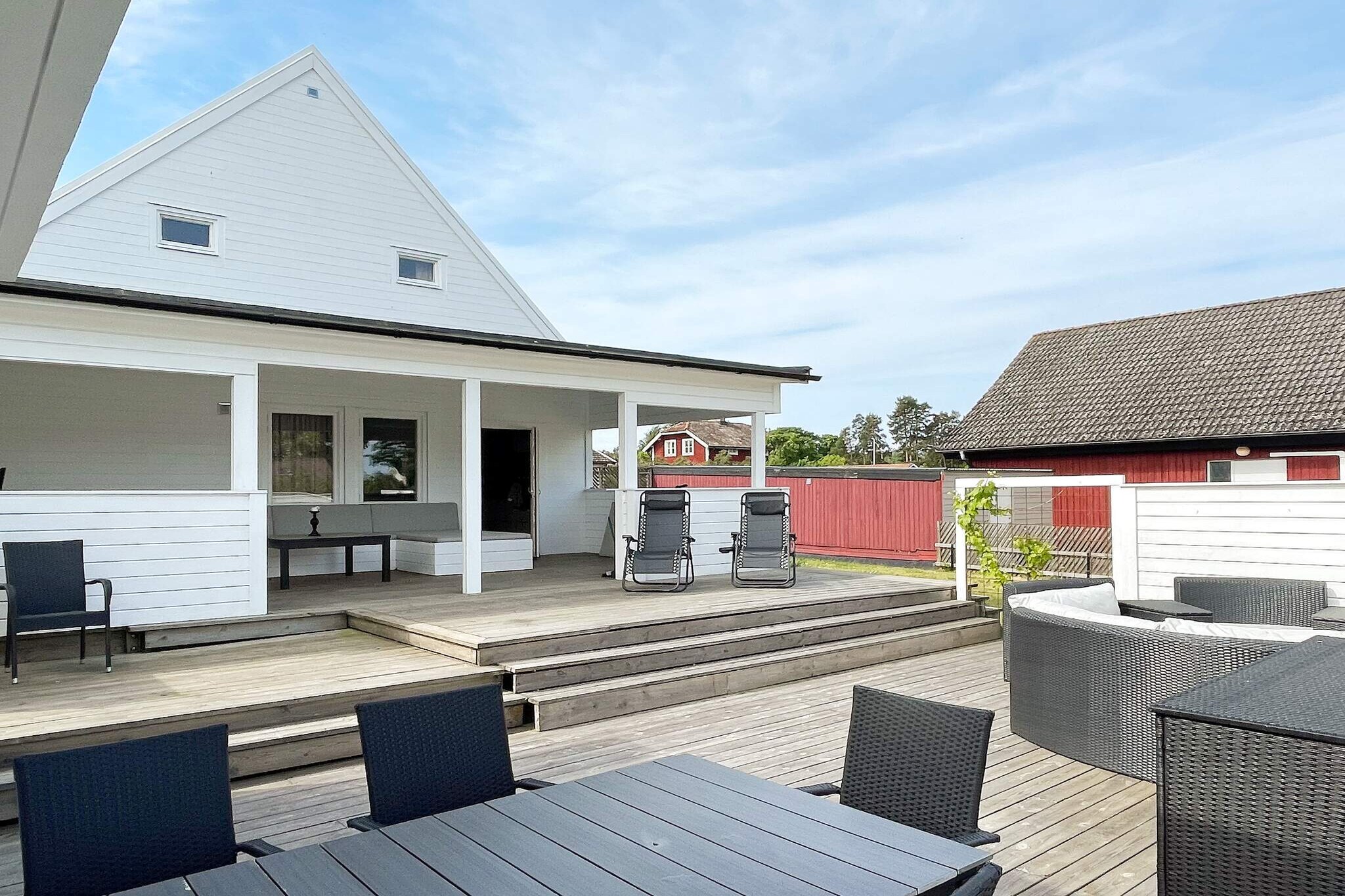 Kitchen(cooker(electric), coffee machine, microwave, fridge-freezer), Living/bed room, bedroom(double bed), bedroom(double bed), bedroom(double bed), bedroom(single bed, single folding bed, 2x bunk bed), bathroom(washbasin, shower, toilet), bathroom(washbasin, toilet), balcony, heating(electric), garden, garden furniture, parking