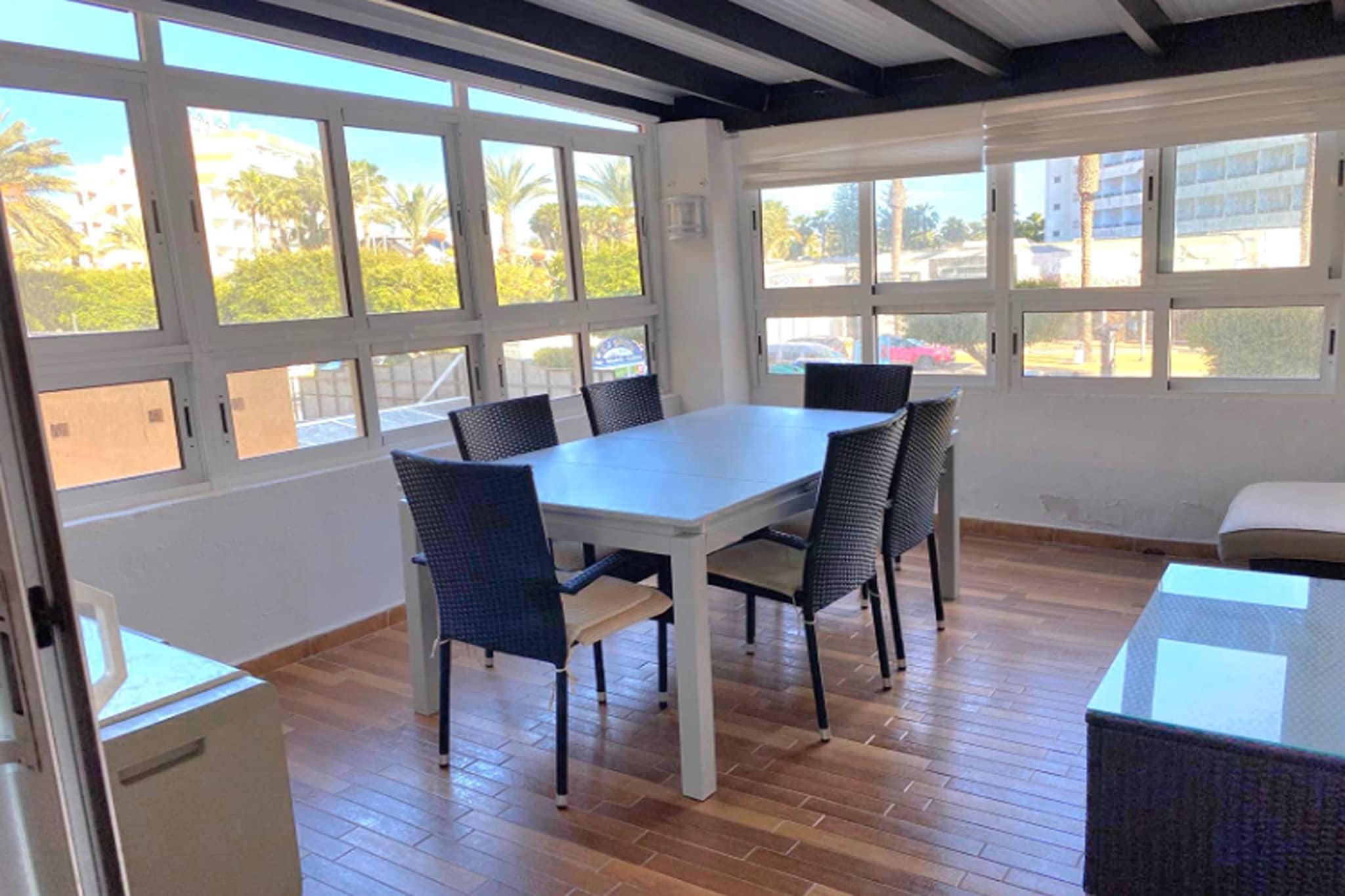 On the 1st floor: (Living room(double sofa bed, TV, dining table, seating area), Kitchen(dining table, boiling water tap, toaster, cooker, coffee machine, oven, microwave, fridge-freezer, washing machine, insect screens), bedroom(double bed), bedroom(single bed(105 x 200 cm), single bed(105 x 200 cm)), bathroom(shower, washbasin, urinal, hairdryer, Towels incl.))\n\nInternet access, balcony or terrace, air conditioning, garden, sun loungers, parking, parasol, swimming pool(shared with other guests), ironing board, iron, lounge set