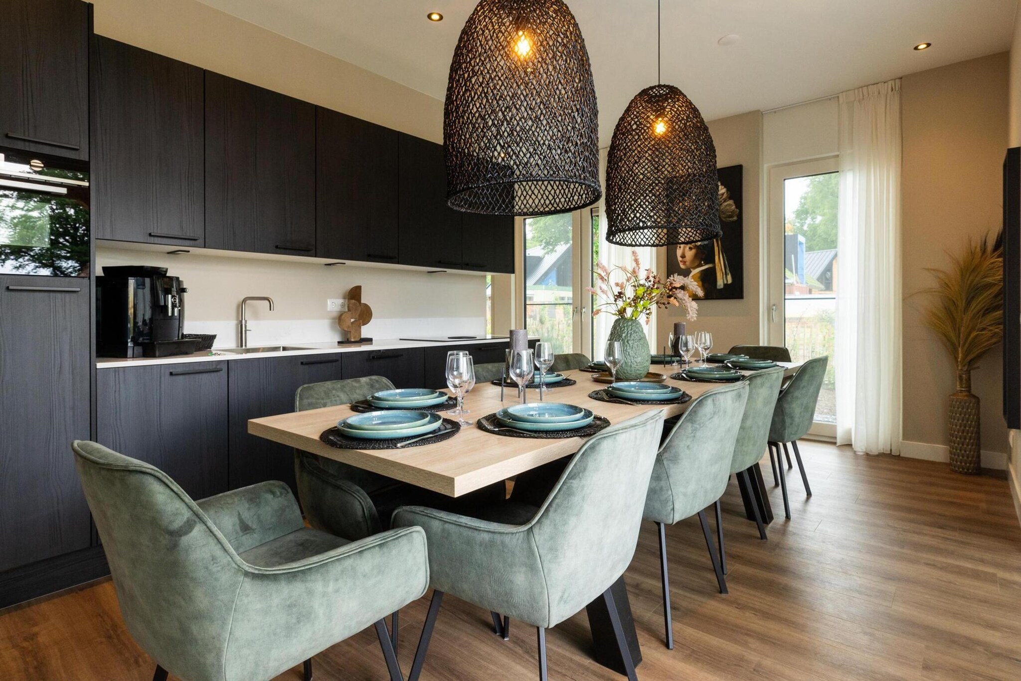 Ground floor: (Living room(seating area), dining room(dining table), open kitchen(cooker, coffee machine, oven, microwave, dishwasher, fridge-freezer), Bedroom with bathroom(double bed, shower, washbasin, toilet), Bedroom with bathroom(double bed, shower, washbasin, toilet))\n\nOn the 1st floor: (Bedroom with bathroom(double bed, shower, washbasin, toilet), Bedroom with bathroom(double bed, shower, washbasin, toilet), Bedroom with bathroom(bunk bed or 2 single beds, bunk bed or 2 single beds, shower, washbasin, toilet))\n\nBasement: (hot tub, shower, toilet, sun loungers, private indoor pool)