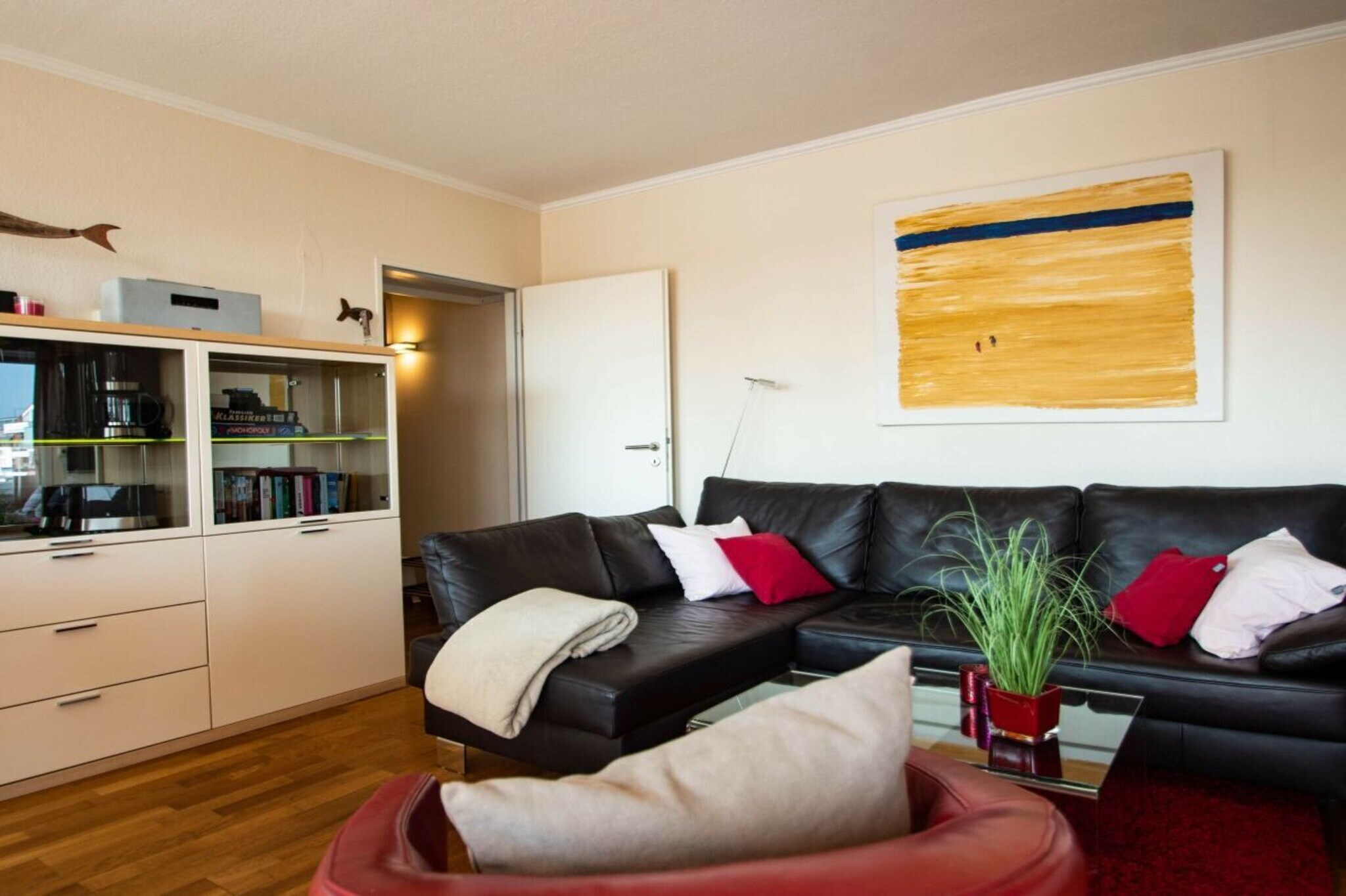 Fire Alarm, Vacuum Cleaner, hallway(Mirror, Wardrobe Coatrack), Kitchen(microwave), Living/diningroom(Sofa, TV, dining table), bedroom(Wardrobe, double bed, TV), bedroom(Wardrobe, double bed, TV), bathroom(Mirror, toilet, shower, washbasin), balcony(garden furniture, sun loungers)