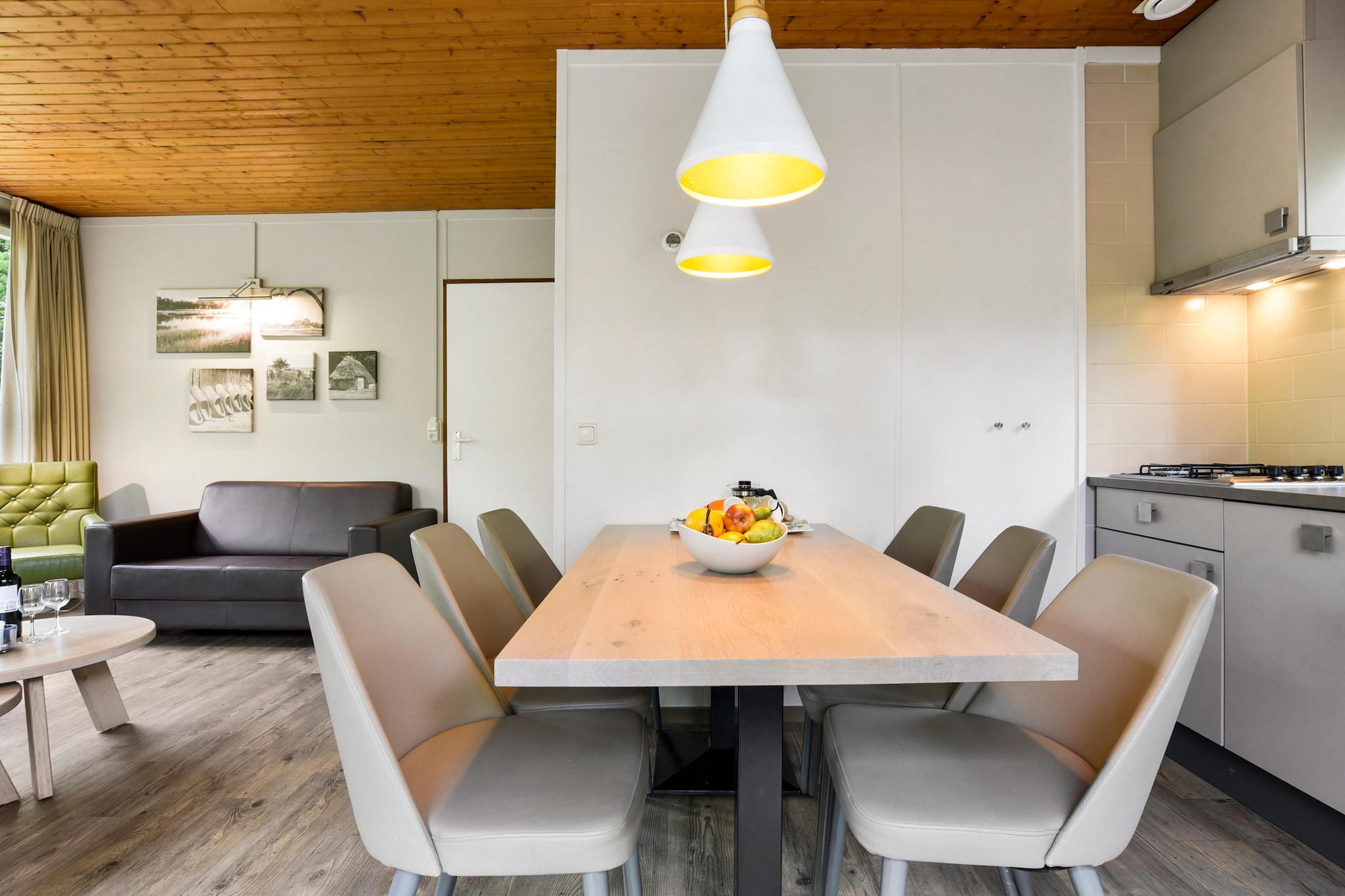 Ground floor: (hallway(toilet), Living room(TV, fireplace), open kitchen(electric kettle, cooker(gas), coffee machine(filter, pads), combination microwave, dishwasher, fridge-freezer), bedroom(double bed or 2 single beds, TV, washbasin), bedroom(single bed, single bed), bedroom(single bed), bedroom(single bed adapted for disabled), bathroom(shower(adapted for disabled), washbasin, toilet(adapted for disabled)))\n\nterrace, garden, garden furniture, parking, swimming pool(shared with other guests, roofed)