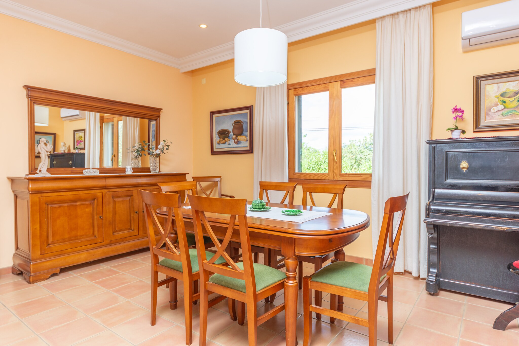 Living room, Living room, Kitchen(cooker, coffee machine), bedroom(2x single bed), bedroom(single bed, single bed), bedroom(double bed), bedroom(double bed), bathroom, bathroom, bathroom, bathroom, oven, microwave, dishwasher, fridge-freezer, bath tub, bath tub, shower, shower, washbasin, washbasin, washbasin, washbasin, toilet, toilet, toilet, toilet, bidet, bidet, bidet, air conditioning, air conditioning, air conditioning, air conditioning, BBQ, swimming pool, children\'s bed, high chair