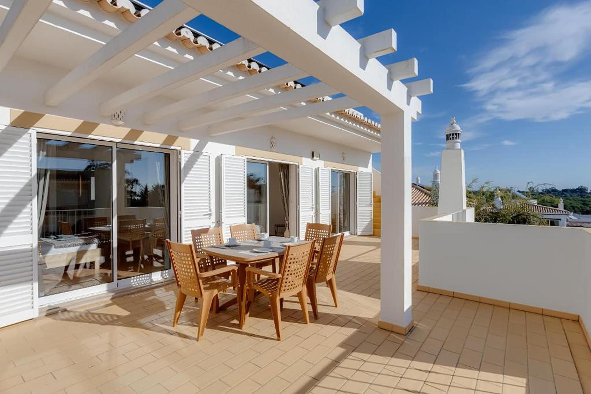 Ground floor: (Entrance(shared with other guests, reachable from the outside), Large kitchen(hob, electric kettle, toaster, hood, coffee machine, oven, microwave, dishwasher, fridge-freezer), Living/diningroom(TV(flatscreen, satellite, international television channels), dining table, seating area), Bedroom with bathroom(double bed, shower, washbasin, toilet), bathroom(washbasin, toilet), air conditioning, terrace(private), garden(private), heating)\n\nOn the 1st floor: (bedroom(double bed), bedroom(single bed, single bed), Bedroom with bathroom(double bed, bathtub with shower, washbasin, toilet), bathroom(bathtub with shower, washbasin, toilet, bidet), air conditioning, terrace(private), heating)\n\nwashing room(tumble dryer, washing machine, ironing board, iron), dining table, garden doors, garden(private, 500 m2), garden furniture, BBQ(charcoal), BBQ, parking, parasol, swimming pool(private, outside, heatable, opened from Jan upto and including Dec), hammock, hammock, hammock, hammock, hammock, hammock, hammock, hammock, hairdryer