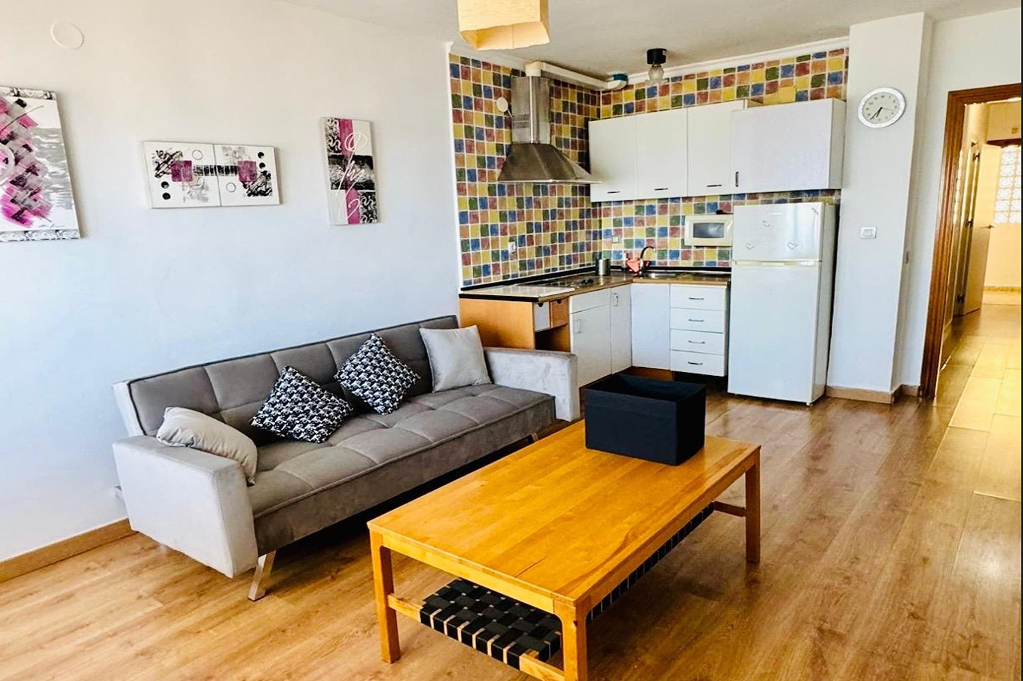 On the 1st floor: (Entrance, Living room(double sofa bed, TV, seating area, air conditioning, terrace), open kitchen(toaster, cooker, hood, coffee machine, microwave, fridge-freezer), bedroom(double bed), bathroom(shower, washbasin, urinal, washing machine))