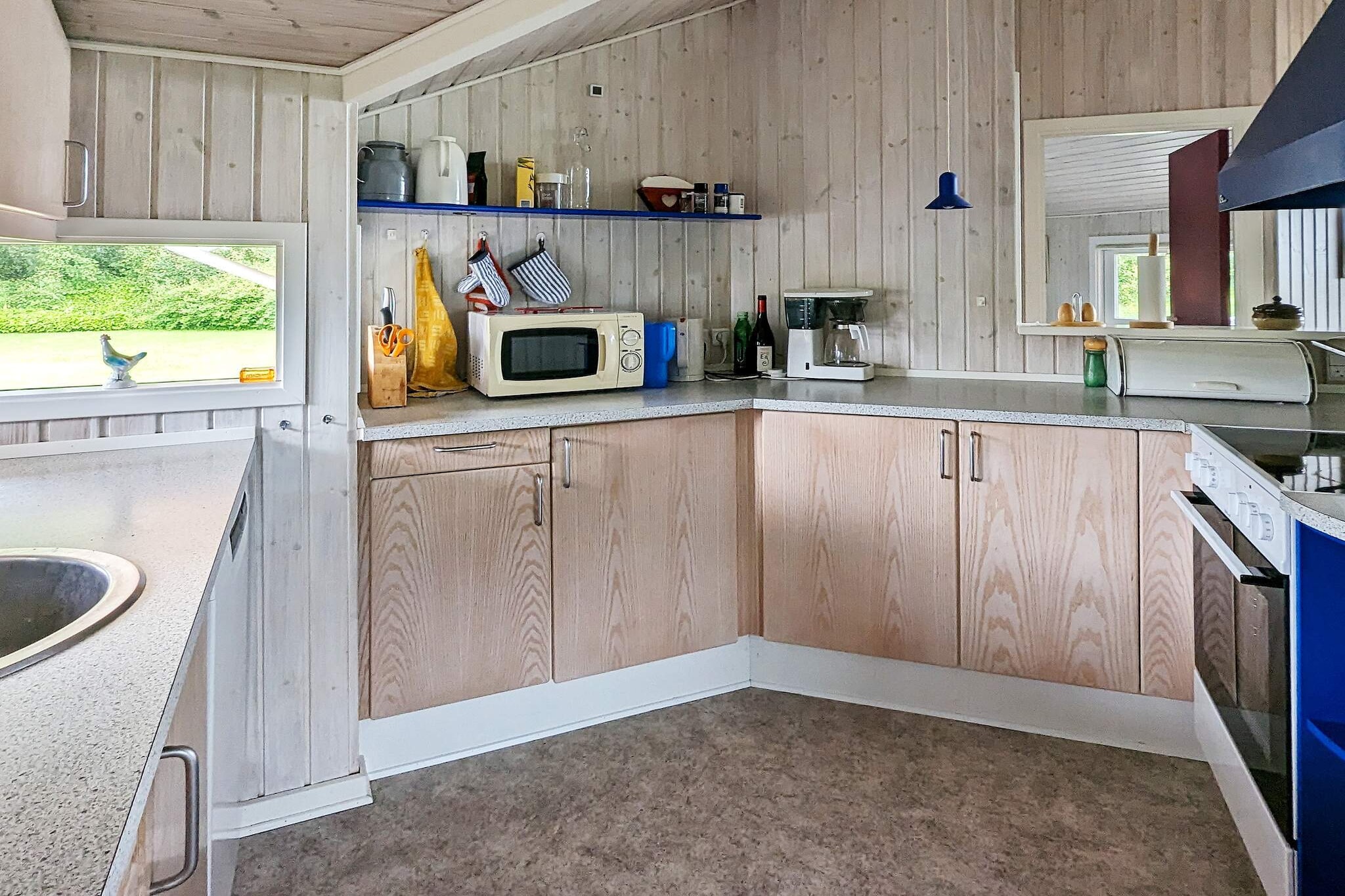 Kitchen(cooker(electric), dishwasher, fridge-freezer), Living/bed room(TV), bedroom(double bed), bedroom(double bed), bedroom(2x single bed), bathroom(washbasin, shower, toilet, washing machine), heating(electric), garden, garden furniture, air to air heatpump