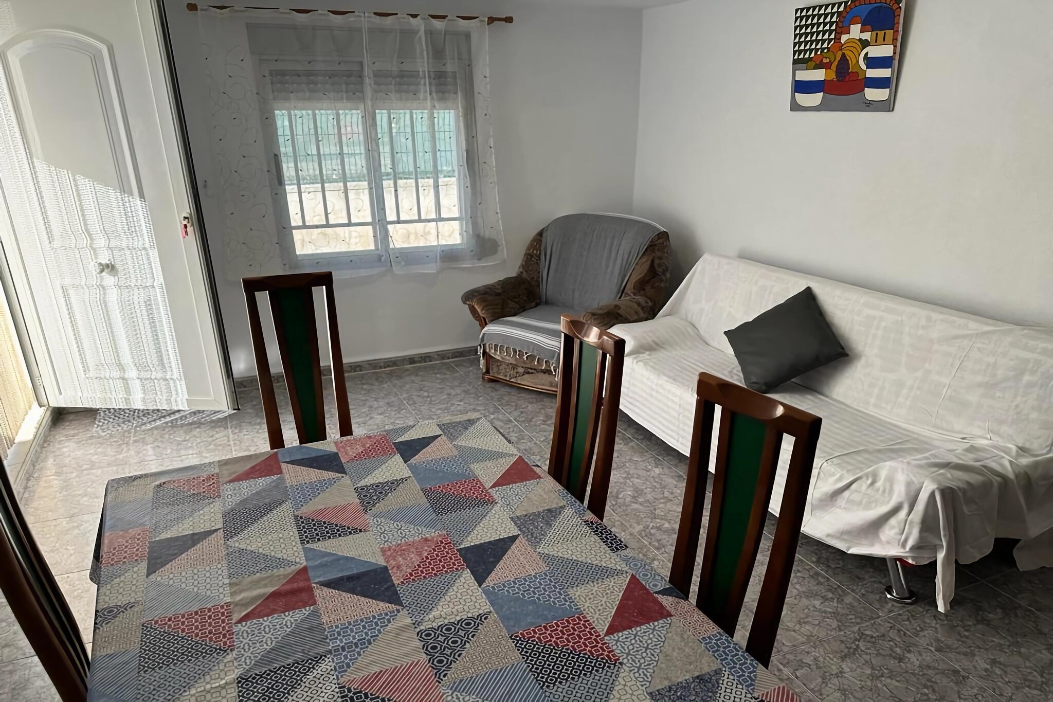 On the 1st floor: (Living room(double sofa bed, TV, dining table, seating area, air conditioning), Kitchen(toaster, cooker, coffee machine, oven, microwave, fridge-freezer), bedroom(double bed), bedroom(double bed), bedroom(single bed, single bed), bathroom(bathtub or shower, washbasin, toilet, bidet), washing room(washing machine))\n\ngarden