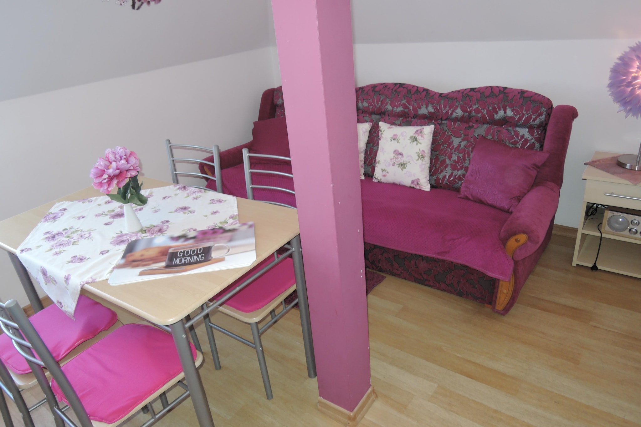 On the 2nd floor: (open kitchen(electric kettle, boiling water tap, toaster, espresso machine, microwave, fridge), Living/bed room(double sofa bed, dining table), bedroom(single bed, single bed, TV(german television channels)), bathroom(shower, washbasin, toilet))\n\nInternet access, terrace(shared with other guests, 25 m2), parking