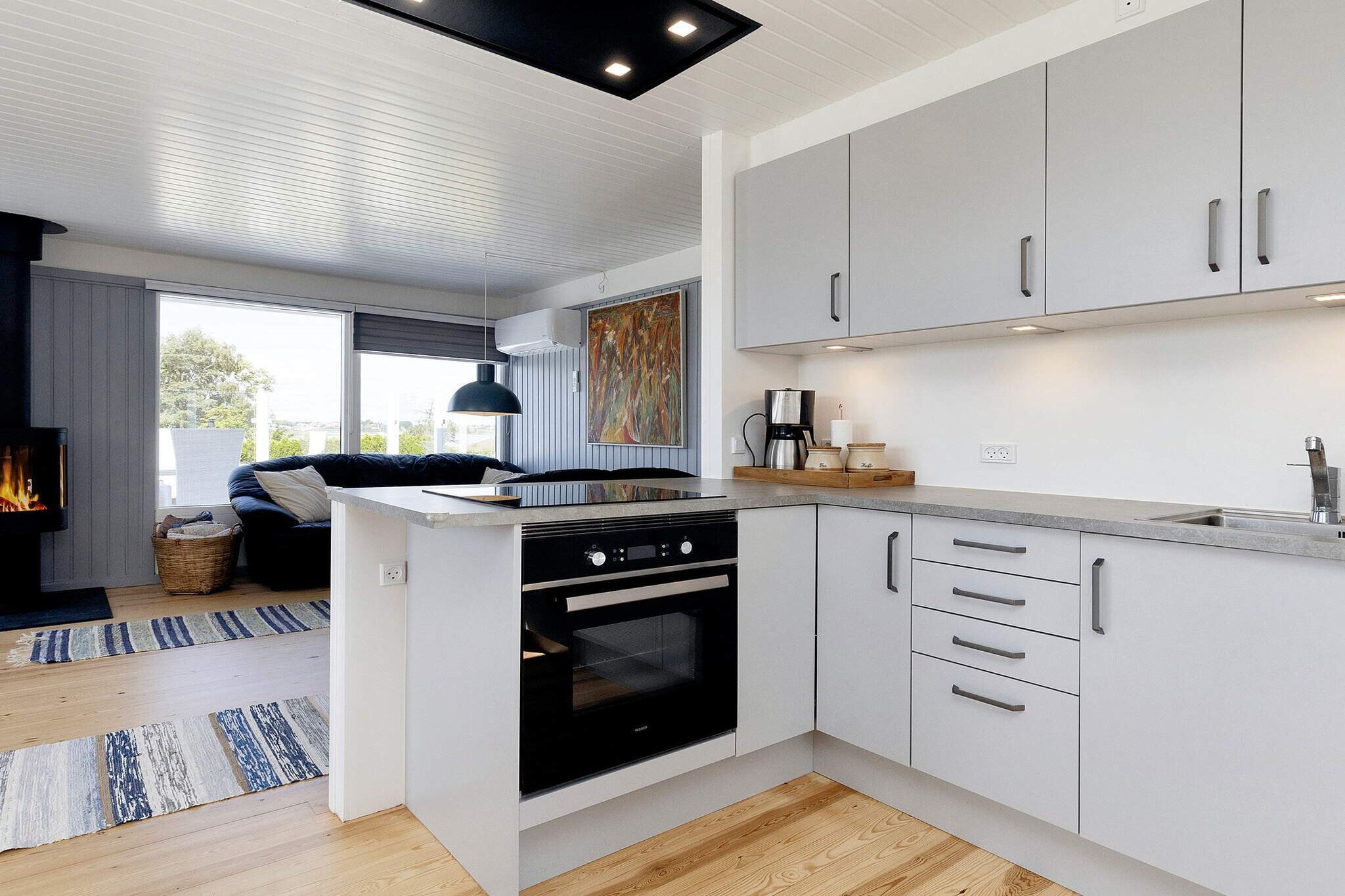 Kitchen(stove(induction), coffee machine, oven, microwave, dishwasher, fridge(+ freezer)), Living/bed room(TV(danish TV channels (DR1 and TV2)), chromecast), bedroom(double bed, TV(danish TV channels (DR1 and TV2)), chromecast), bedroom(double bed), bedroom(double bed), bathroom(washbasin, shower, toilet), heating(electric), terrace, garden, garden furniture, sun loungers, air to air heatpump