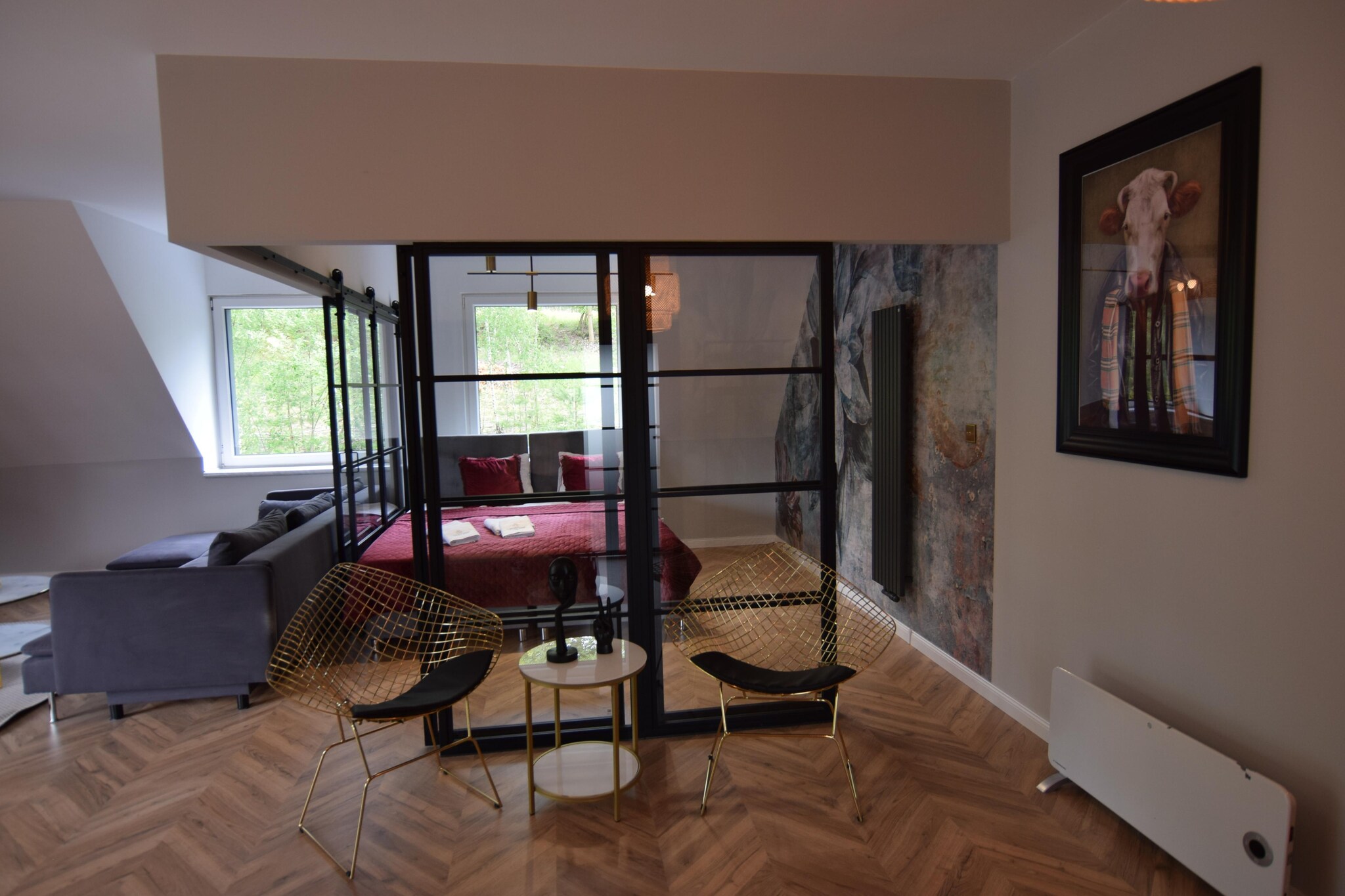 On the 3rd floor: (open kitchen(electric kettle, toaster, cooker, coffee machine, microwave, dishwasher, fridge-freezer, tumble dryer, washing machine, electric hot plates, dishes and cutlery), Living/bed room(double bed, TV, dining table, seating area), bedroom(double bed, double sofa bed), bathroom(shower, washbasin, toilet), sauna)\n\nroof terrace, garden furniture