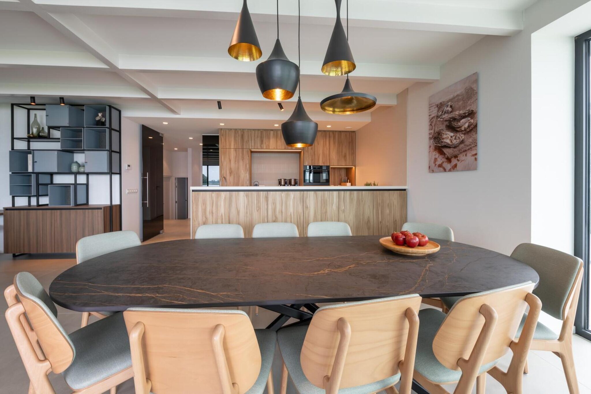 Ground floor: (Entrance(parking), hall, Living room(seating area), Kitchen(cooker, espresso machine, oven, microwave, dishwasher, fridge, dishes and cutlery), open kitchen, toilet, washing room, sauna(Blu-ray player, infrared sauna, sauna), veranda(jetty, terrace heater))\n\nOn the 1st floor: (bedroom(double bed box), bedroom(double bed box, TV), bedroom(double bed or 2 single beds), bedroom(double bed or 2 single beds), bedroom(double bed or 2 single beds), bedroom(double bed), bathroom(bath tub, shower, toilet), bathroom(shower, toilet))