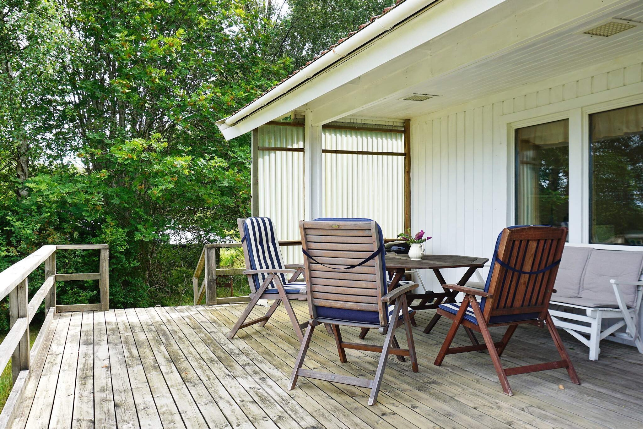 Annex: (single bed, 2x bunk bed)\n\nKitchen(cooker(electric), hood, coffee machine, microwave, fridge-freezer, water from well), Living/bed room(TV(swedish TV channels)), bedroom(double bed), bedroom(single bed), bathroom(washbasin, shower, toilet), bathroom(washbasin, shower, toilet), heating(electric), terrace(garden furniture), terrace(roofed), parking