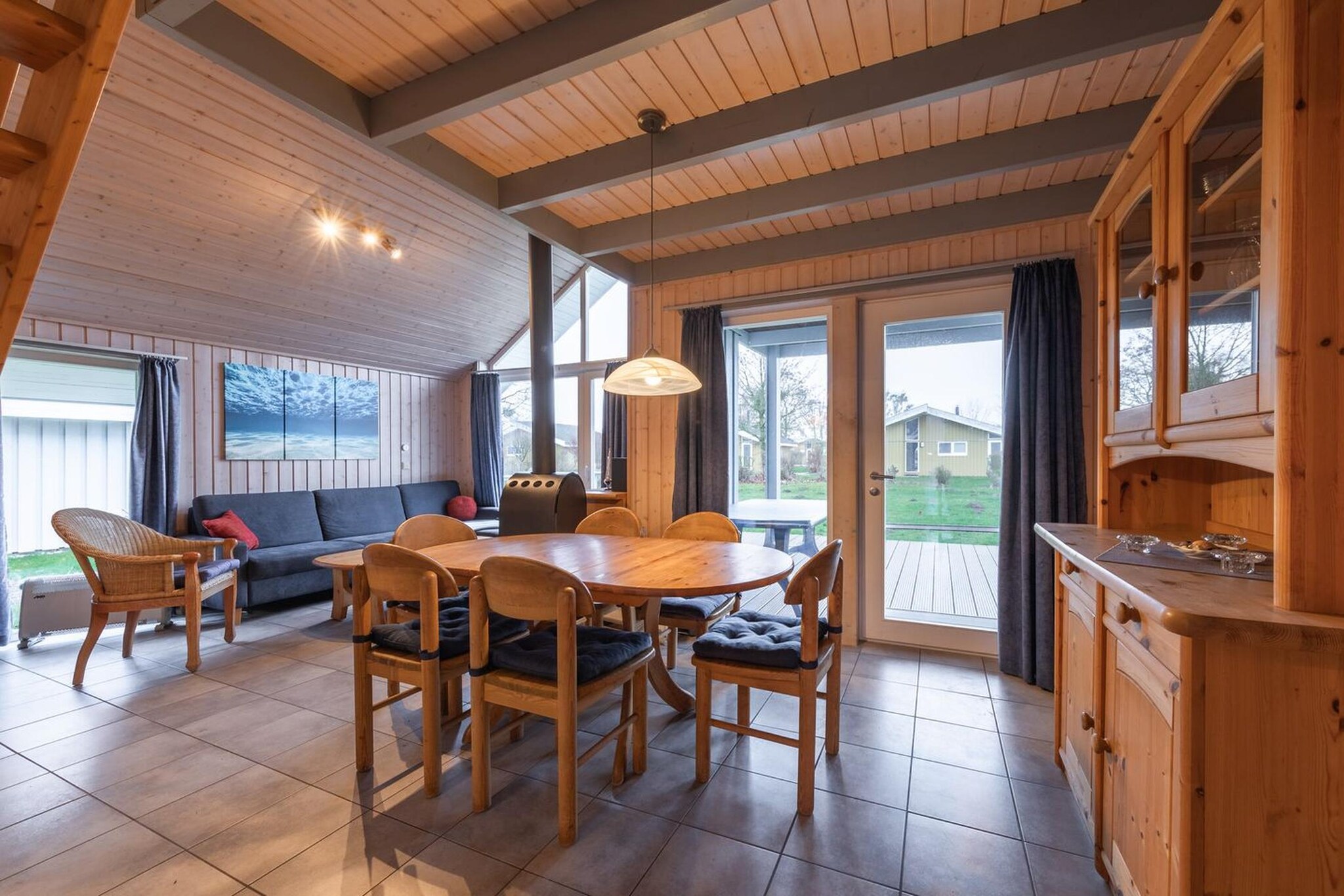 Ground floor: (Kitchen(hob(4 ring stoves, ceramic), electric kettle, toaster, coffee machine, oven, microwave, dishwasher, fridge-freezer), Living/diningroom(TV(satellite), dining table, fireplace, seating area), bedroom(double bed), bathroom(Bubble bath, shower, sauna, washbasin, toilet), Internet access)\n\nOn the 1st floor: (bedroom(single bed, single bed), Gallery bedroom(small double bed), toilet(washbasin, toilet))\n\nbalcony, heating(electric), terrace(roofed), garden furniture, BBQ(charcoal), parking, parking, baby crib(paid), Towels/Sheets (extra fee)