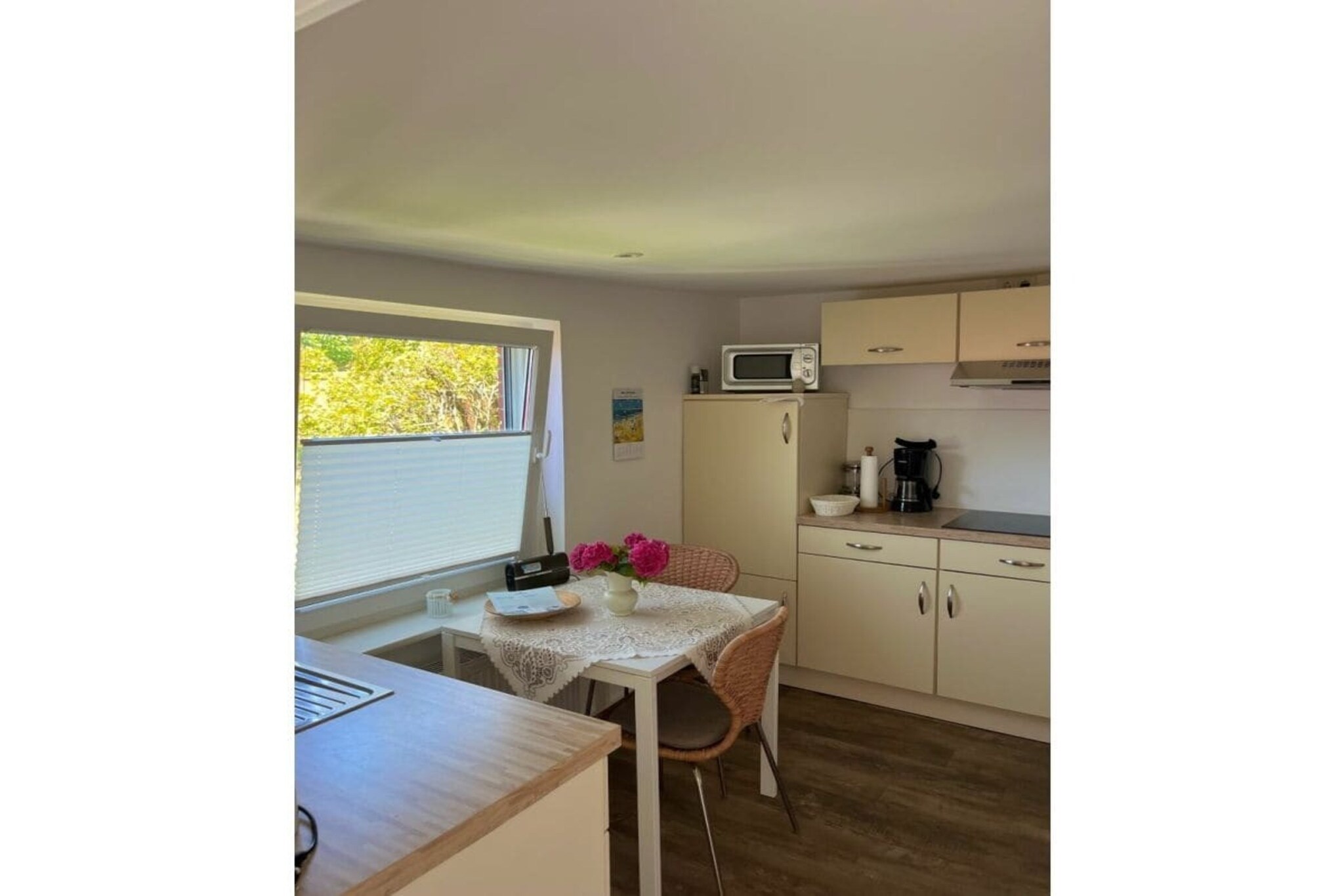 Ground floor: (Kitchen(Tea Towels, Kitchenette, double bed, dining table, radio, hob, electric kettle, toaster, cooker, coffee machine, microwave, fridge, insect screens), Living/bed room(Armchair, double bed, TV), bathroom(Mirror, toilet, shower, washbasin))\n\nHot Water, Vacuum Cleaner, heating, garden(Barbecue center, garden furniture), parking, bicycles available, drying cabinet
