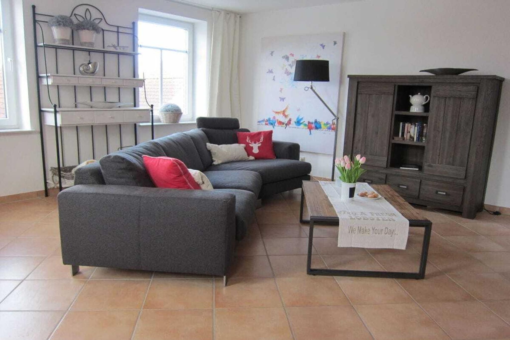 Ground floor: (hallway(heating), open kitchen(TV, dining table, hob, electric kettle, toaster, cooker, coffee machine, oven, oven, dishwasher, fridge, dishes and cutlery, heating), bedroom(double bed, double bed), bedroom(double bed, double bed), bathroom(shower, washbasin, heating))\n\nHot Water, Internet Access DSL, Vacuum Cleaner, Internet access, heating, garden(Beach)