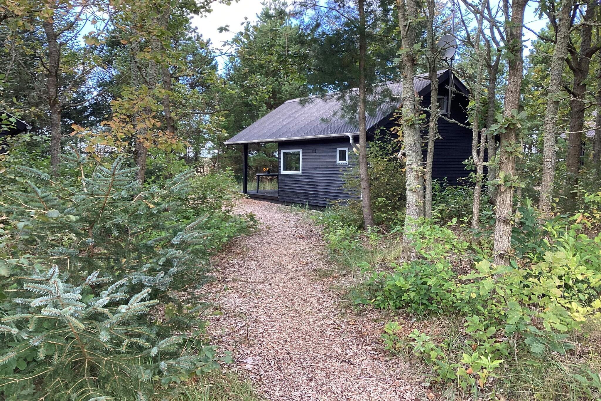 open kitchen(cooker(2 ring stoves), coffee machine, fridge), Living/bed room(double bed), bathroom(shared with other guests)(toilet), mezzanine(2x single folding bed), heating(electric), terrace(roofed)(garden furniture), parking
