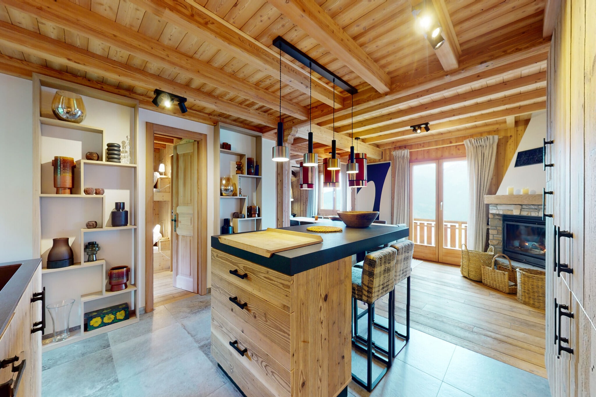 On the 3rd floor: (Living room(TV(flatscreen), fireplace, seating area), open kitchen(dining table, electric kettle, toaster, coffee machine(espresso), oven, microwave, dishwasher, fridge-freezer, Juicer, dishes and cutlery(Bowls, chopsticks, plates, cups, etc.)), bedroom(single bed, single bed), Bedroom with bathroom(double bed, TV, bath tub, shower, washbasin, washbasin, hairdryer), Bedroom with bathroom(double bed, TV, bath tub, washbasin, toilet), Bedroom with bathroom(double bed, TV, shower, washbasin, toilet), Bedroom with bathroom(bunk bed, shower, washbasin, toilet), Bedroom with bathroom(double bed, shower, washbasin, washbasin, toilet), toilet(toilet), Internet access, TV)\n\nski storage, garage, balcony, heating(central), terrace, garden, garden furniture, BBQ(charcoal), parking, parasol