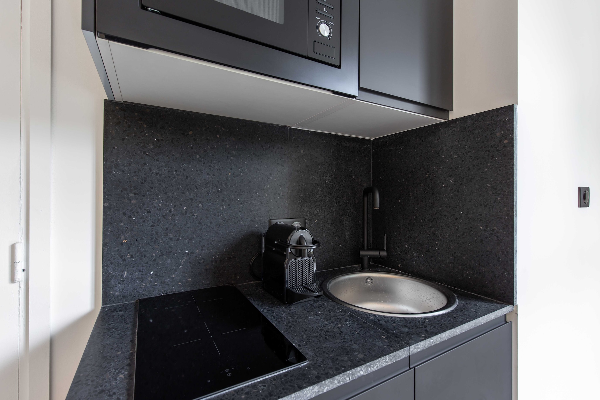 On the 2nd floor: (Kitchen(dining table, stove, electric kettle, toaster, coffee machine, microwave, fridge, dishes and cutlery, Cooking basics), Living/bed room(double bed), bathroom(toilet, Towels/Sheets (Incl.), shampoo, Essentials))\n\nBed Linen, Hot Water, Internet Access DSL, Wardrobe, First Aid, Play area, TV, heating, iron, hairdryer, Carbon monoxide detector, Enhanced cleaning practices, Long term stays allowed, Room-darkening shades