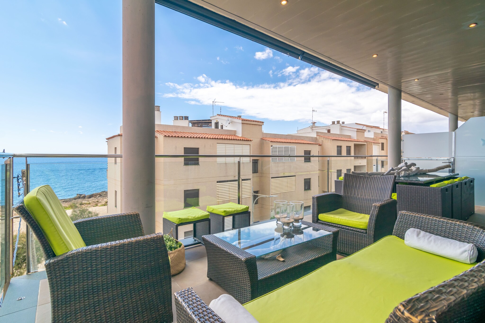 This beautiful triplex offers an amazing terrace perfectly furnished to spend unforgettable evenings. It features a large exterior table with chairs where you will be able to admire the sunrise and sunset while enjoying a delicious breakfast or a good dinner with the best company. And even better, you can sit on the couch or armchairs and relax while admiring the stunning beauty of the sea.
The private entrance to the house is on the ground floor and it leads to the first floor with the common areas like the modern and surprising kitchen open to living and dining room. It has AC and a panoramic view to the sea as if you were sailing the quiet Mediterranean waters. Here you find a comfortable sofa where you can sit and watch TV, the dining area and the kitchen, which is equipped with a ceramic top, good appliances and a bar with stools. On the same level there is a bathroom with shower that serves the floor and two bedrooms with wardrobe and air conditioning, both with double bed. One of them also has an en-suite bathroom with shower. On the top floor you find the last bedroom that features a single bed and exit to a terrace with amazing views to the sea and to the island of Cabrera. At this terrace you will find the washing machine, the iron and the ironing board.
Colonia de Sant Jordi is a wonderful coastal area, beautiful and lively, where you will enjoy good restaurants serving fresh fish. The village offers all kinds of services and entertainment. You can spend a great day at the beach for instance in the beach of Colonia de Sant Jordi, about 700 metres away from the property, or in others like the one in es Trenc about 6 km away. You can make boat excursions to the island of Cabrera, for example, or you can drive skirting the coast to know other lovely towns and places in the island.
You are not allowed by the residents association to hang towels or other kind of clothes on the terrace railing. Consult the advertiser for possible charges. Pets are not allowed. The holding of events is forbidden.
Distances
Beach: 0.7 km - Colònia de Sant Jordi
Airport: 46.5 km - Son Sant Joan
Golf course: 43.6 km - Golf Maioris
Town: 0.01 km - Colònia de Sant Jordi
Train station: 52.7 km - Palma
Bus stop: 0.2 km - Colònia de Sant Jordi
Ferry: 54 km - Palma
Hospital: 42.5 km - Hospital de Manacor
Tourist license: ETVPL/14301Single Rental Registry: ESFCTU00000700800117120300000000000000000ETVPL/143011Homerti - Central de Reservas CR/33