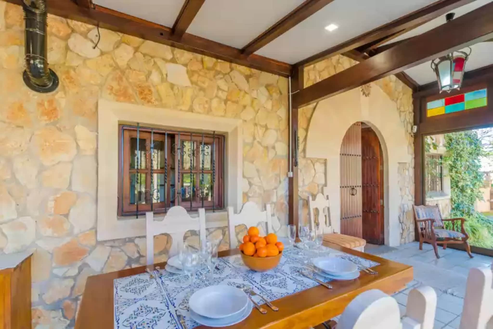 Kitchen(cooker, coffee machine, oven), bedroom(2x single bed), bedroom(single bed, single bed), bedroom(single bed, single bed), bedroom(double bed), bathroom, bathroom, microwave, dishwasher, fridge-freezer, bath tub, shower, washbasin, washbasin, toilet, toilet, air conditioning, air conditioning, air conditioning, air conditioning, garden, garden furniture, 6x sun loungers, BBQ, parasol, swimming pool, children\'s bed, high chair