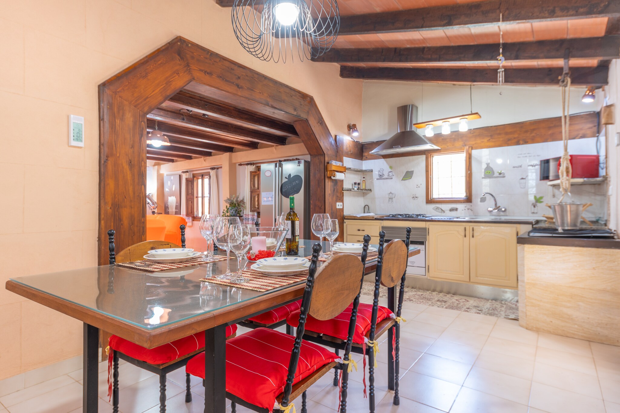 Living room, Kitchen(cooker, coffee machine, microwave), bedroom(2x single bed), bedroom(double bed), bathroom, bathroom, dishwasher, fridge-freezer, bath tub, shower, washbasin, washbasin, toilet, toilet, bidet, bidet, garden, garden furniture, 6x sun loungers, BBQ, 2x parking, 2x parasol, swimming pool, table tennis table, children\'s bed, high chair