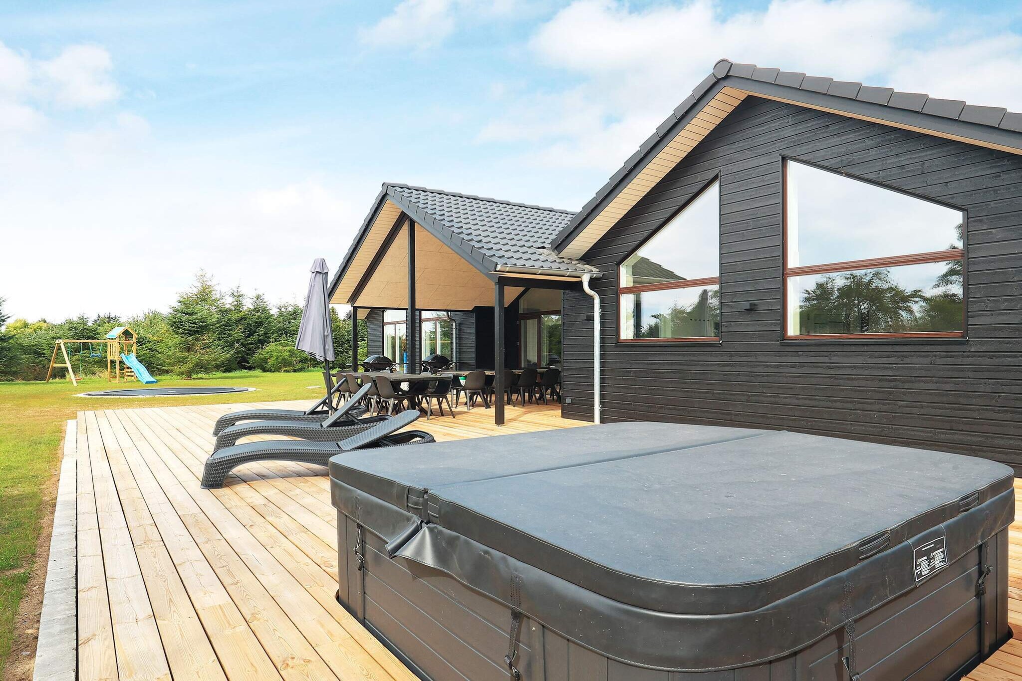 Kitchen(cooker(2 ring stoves), coffee machine, microwave, dishwasher, fridge, freezer(140-199L)), Living/bed room(TV(german television channels)), bedroom(2x single bed), bedroom(2x single bed, children\'s bed), bedroom(2x single bed), bedroom(2x single bed, children\'s bed), bedroom(2x single bed), bedroom(2x single bed), bedroom(2x single bed, bunk bed), bedroom(2x single bed, bunk bed), bedroom(2x single bed, bunk bed), bathroom(washbasin, shower, toilet, washing machine), bathroom(washbasin, shower, toilet), bathroom(washbasin, shower, toilet), bathroom(washbasin, toilet), mezzanine(5x single folding bed), Bubble bath(outside, heated, 6 persons), shower(outside), sauna(outside, 4 persons), heating(electric), terrace, garden, garden furniture, sun loungers, swimming pool(indoor), play equipment, table tennis table, table football, darts, football goal, football goal, billiards, air to water heatpump