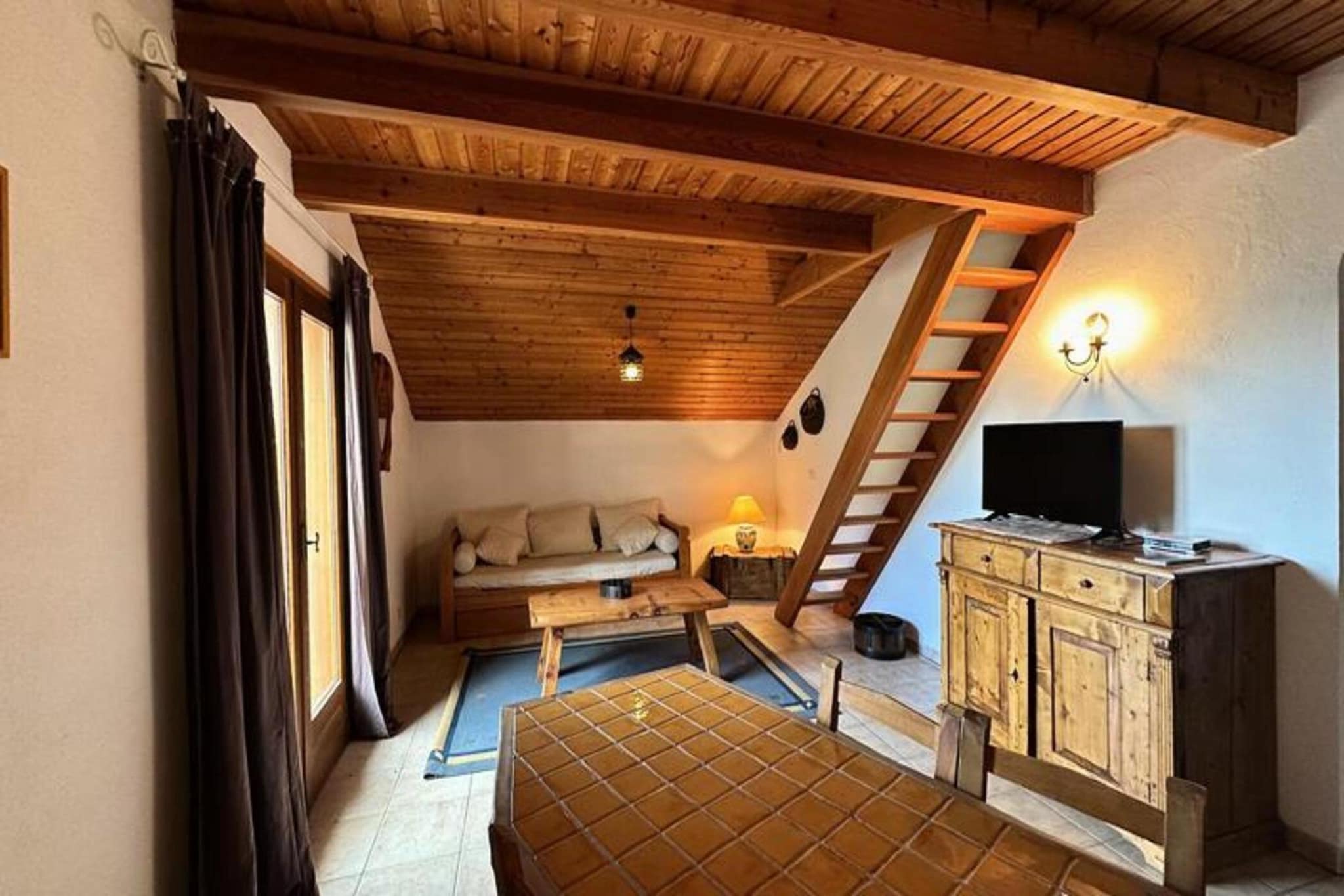 Living room(double sofa bed, TV, dining table), Kitchen(dishwasher, dishes and cutlery), bedroom(double bed or 2 single beds), bathroom(shower, washbasin), washing machine, heating