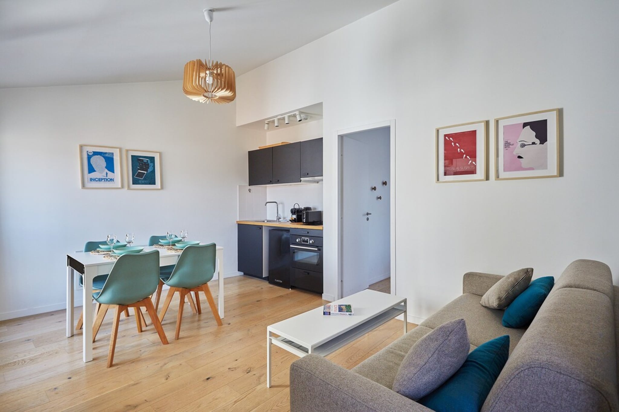 On the 3rd floor: (Living room(double sofa bed), Kitchen(dining table, stove, electric kettle, toaster, coffee machine, oven, fridge, freezer, dishes and cutlery, Cooking basics, Baking sheet, Coffee, Wine glasses), bedroom(double bed, TV), bathroom(Hot Water, shower, washbasin, toilet, hairdryer, shampoo, Shower gel))\n\nBed Linen, Fan, Wardrobe, First Aid, washing machine, heating, iron, Essentials, Dedicated workspace, Carbon monoxide detector, Downtown