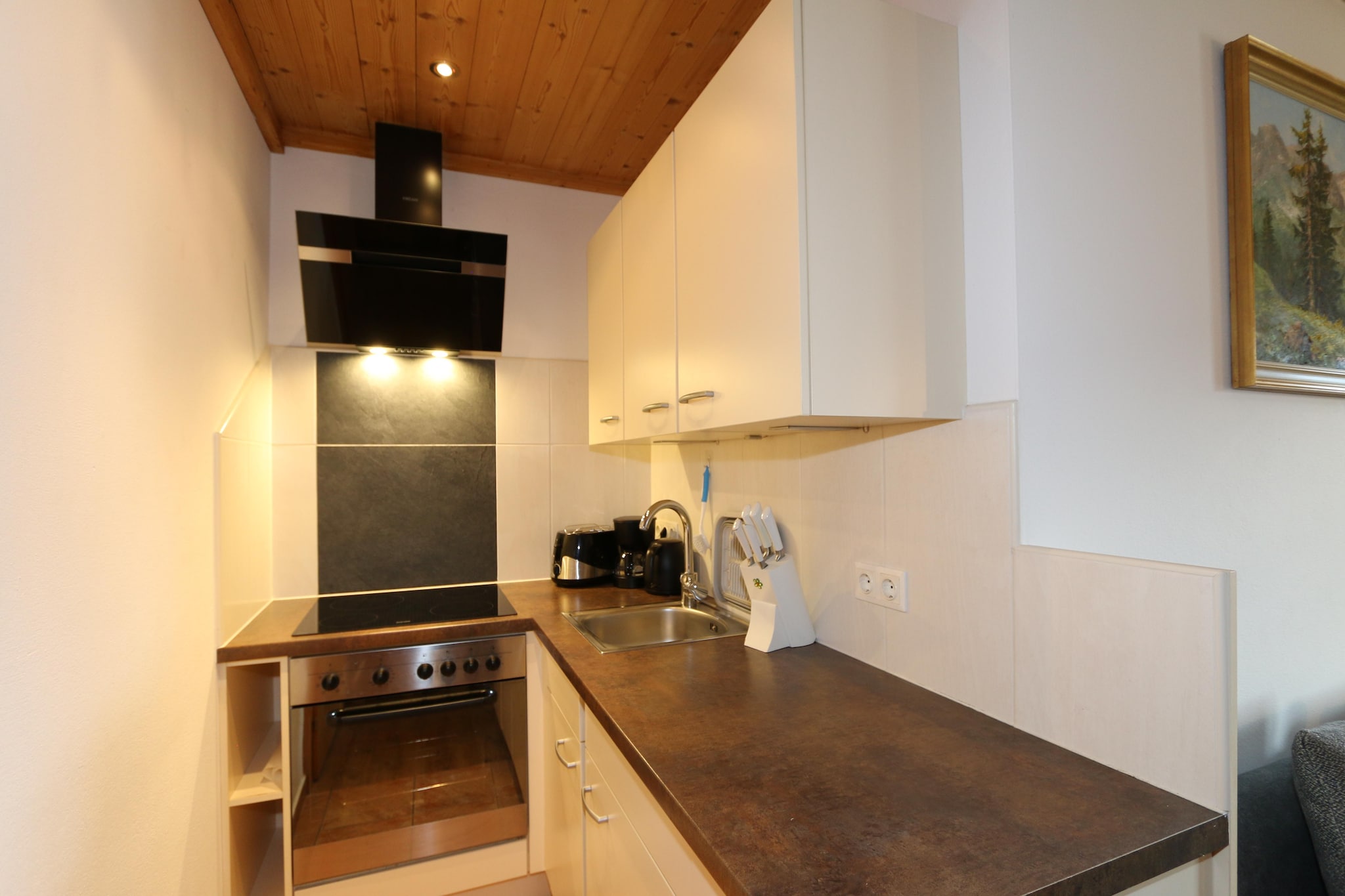 Ground floor: (Entrance, Living room(double sofa bed, TV(satellite), seating area), open kitchen(electric kettle, cooker, hood, coffee machine, fridge-freezer), bedroom(double bed), bathroom(shower, toilet))\n\nski storage(ski boot heaters), terrace, garden, parking, table tennis table, Garden shed