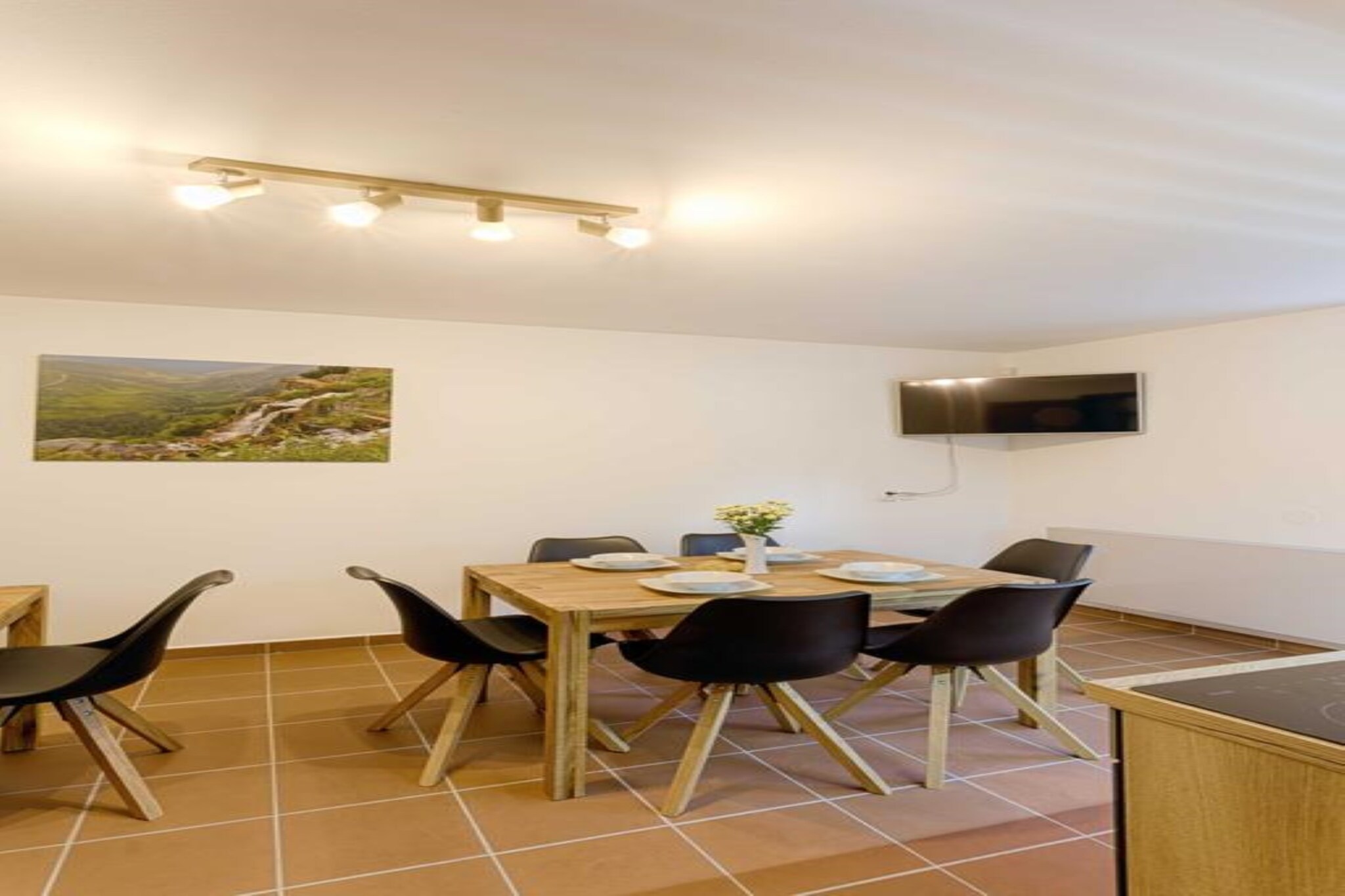 Ground floor: (Living room(Sofa, TV(satellite), dining table, fireplace, seating area), Kitchen(hob(ceramic), electric kettle, toaster, coffee machine, oven, microwave, dishwasher, fridge, freezer, dishes and cutlery), bedroom(double bed, double bed, TV(satellite)), bedroom(double bed, double bed, TV(satellite)), bedroom(double bed), bedroom(double bed), bedroom(double bed), bedroom(double bed), bedroom(single bed, double bed, TV(satellite)), bedroom(single bed, double bed, TV(satellite)), bedroom(single bed, single bed), bathroom(shower, washbasin, toilet, hairdryer), bathroom(bath tub, washbasin, toilet, hairdryer), bathroom(shower, washbasin, toilet, hairdryer), bathroom(shower, washbasin, toilet, hairdryer), bathroom(shower, washbasin, toilet, hairdryer), bathroom(shower, washbasin, toilet, hairdryer), Internet access)\n\nrelaxation area, Internet access, balcony, terrace(20 m2), garden, garden furniture, BBQ, parking